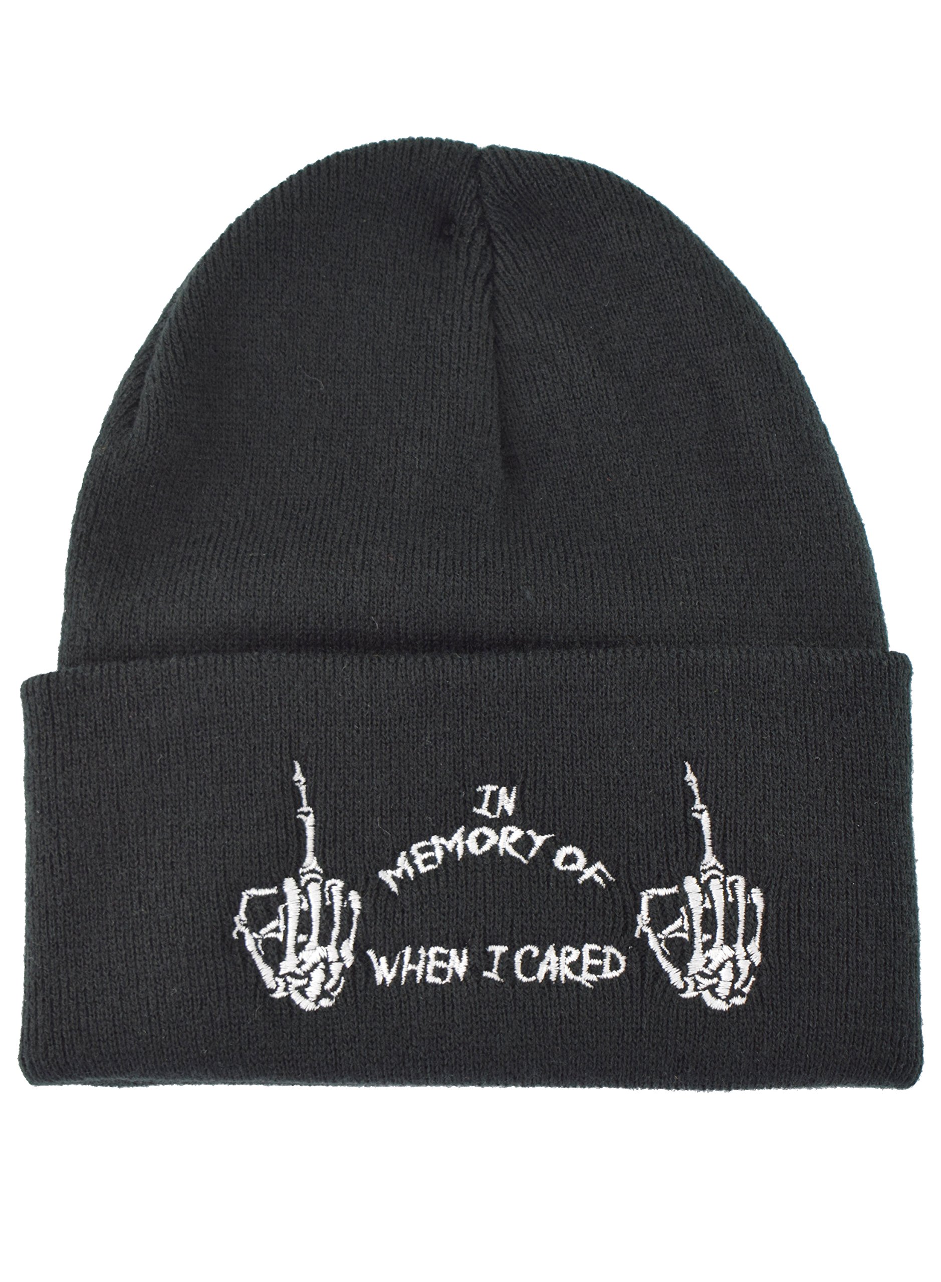 Nostalgic Clothing in Memory of When I Cared Skeleton Hand Embroidered Slogan Knitted Beanie Hat Black