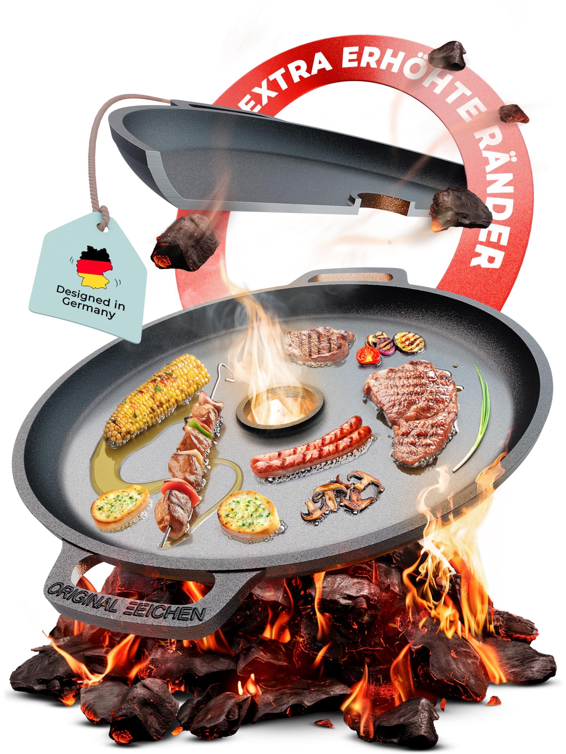 Feuerplatte aus Gusseisen mit Tropfschutz. Ø35cm. Grillplatte Plancha ideal für Raketenofen u.v.m. Outdoor BBQ-Platte mit Tragegriff. Grill Zubehör. Gusseisenpfanne. Stärke 5mm Loch Ø4cm Drei Eichen