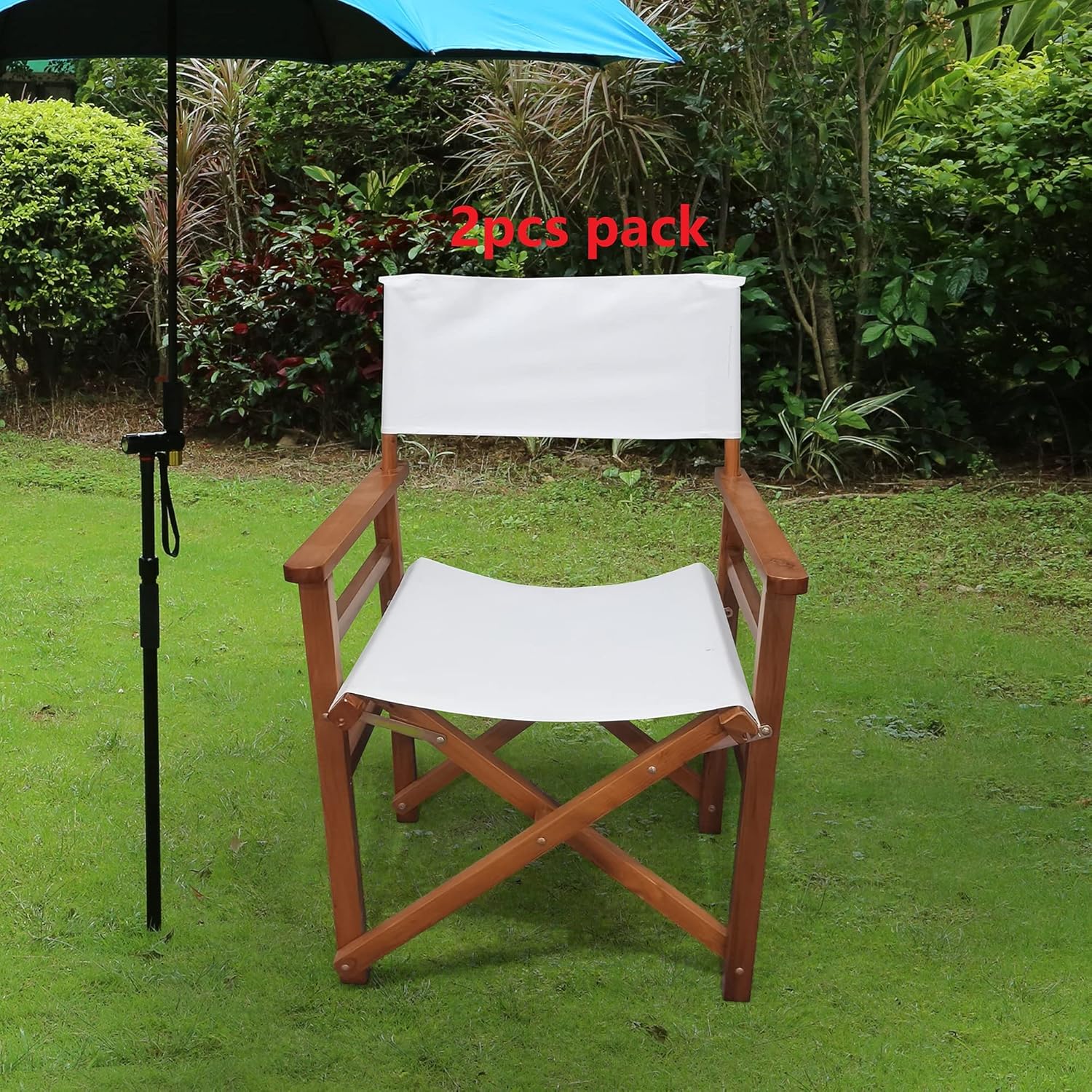 Set of 2 Folding Director Chairs Professional Makeup Artist Chairs Portable Lawn Chair w/Solid Wood Frame Lightweight Camping Chair for Patio Backyard Fishing -Support 250lbs(2PCS/Natural&White)