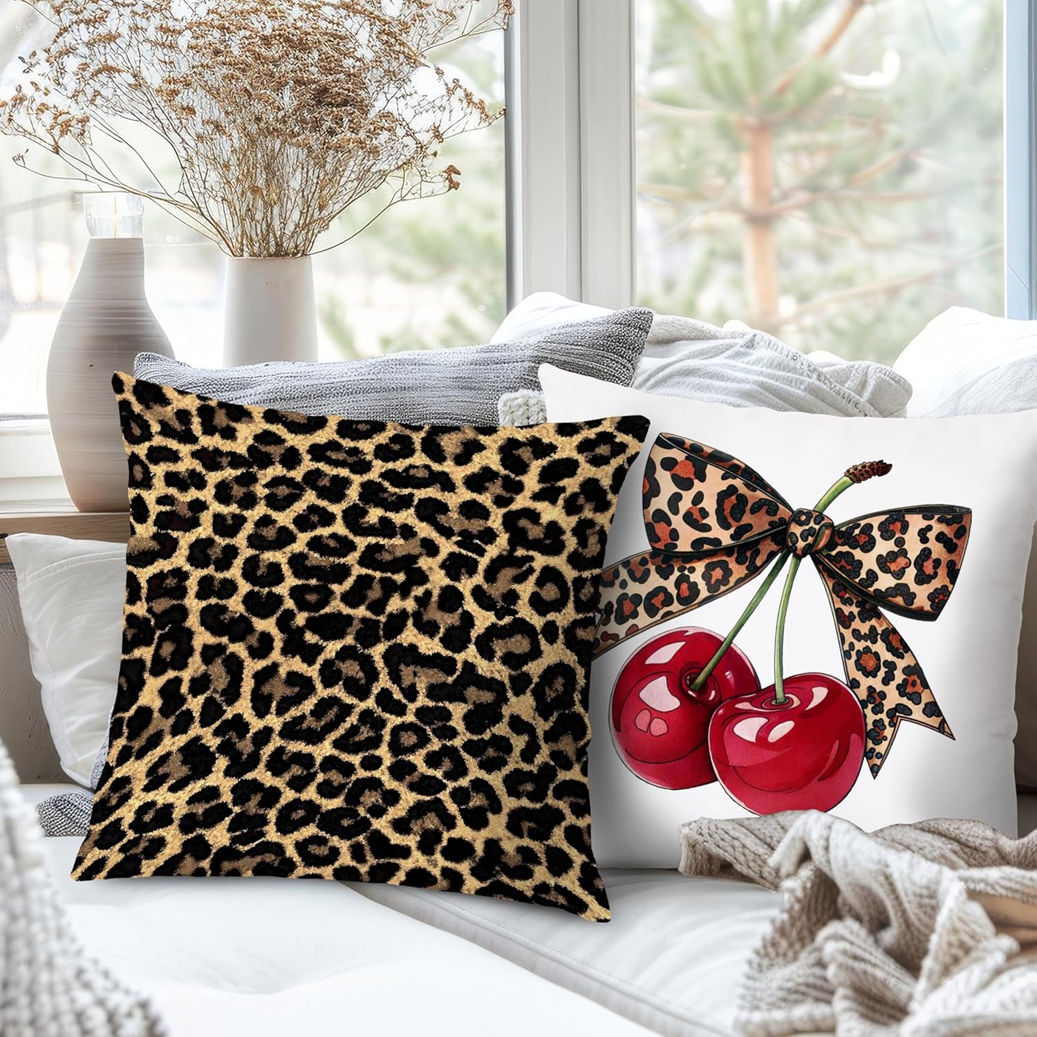 Trendy Leopard Cheetah Bow Cherry Pillow Covers 18x18 Set of 4, Red Preppy Cheetah Leopard Print Dice Lucky 8 Ball Room Decorative Throw Pillow Covers for Girls Bedroom Dorm Apartment