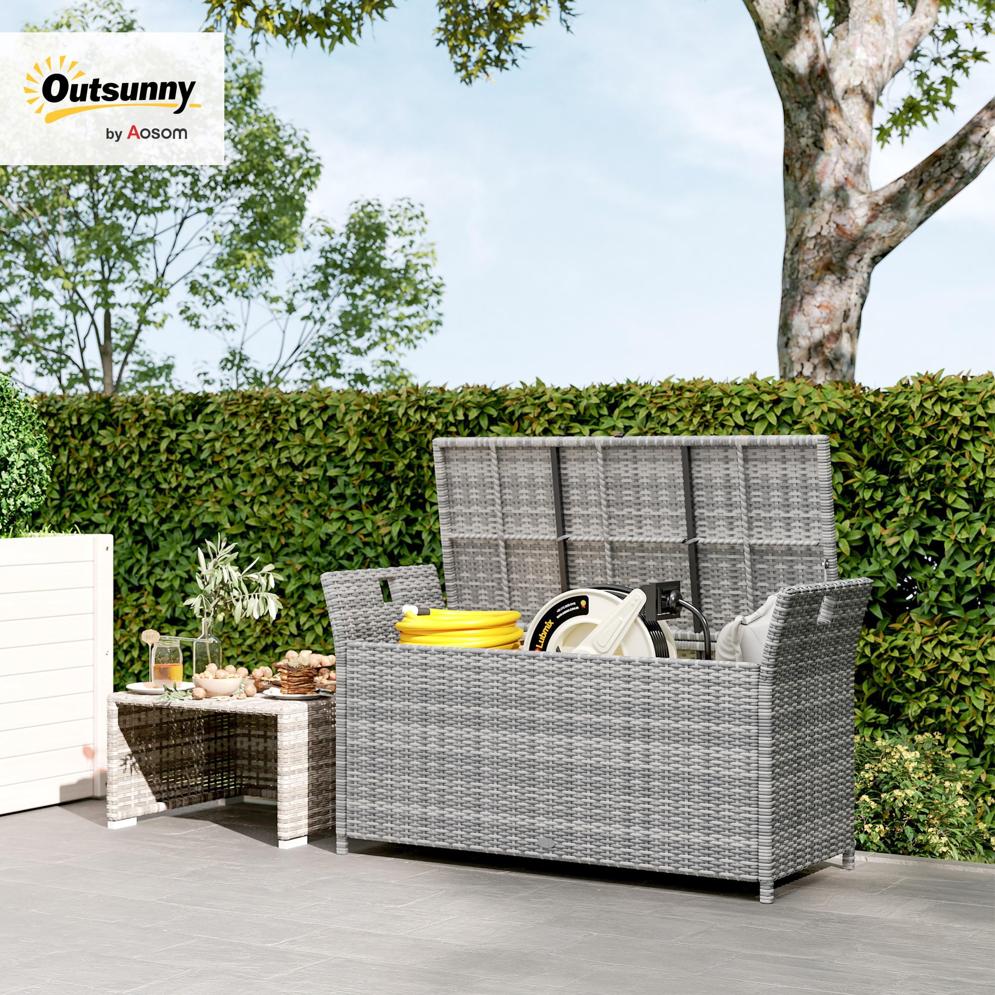 Outsunny Coffre de Rangement Extérieur 250L 125 x 55 x 70 cm crème et Gris | en Résine Tressée, Banc de Rangement, Coussin Amovible, Jardin Balcon Patio
