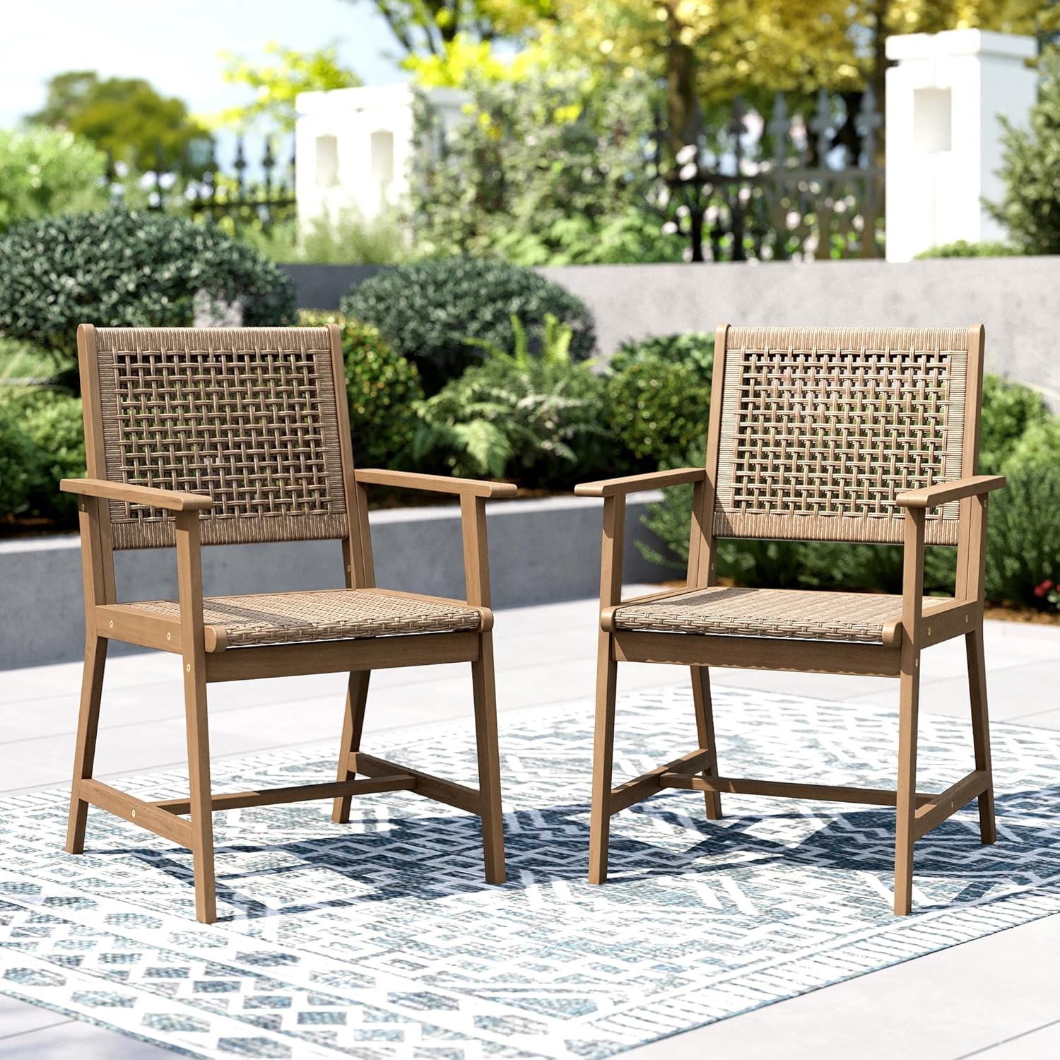 PHI VILLA Outdoor Acacia Wood Chairs Set of 2, Patio Dining Armchairs with Wicker Back & Seat, Farmhouse Style Teak Seating Furniture for Deck Yard Balcony Garden - Light Brown