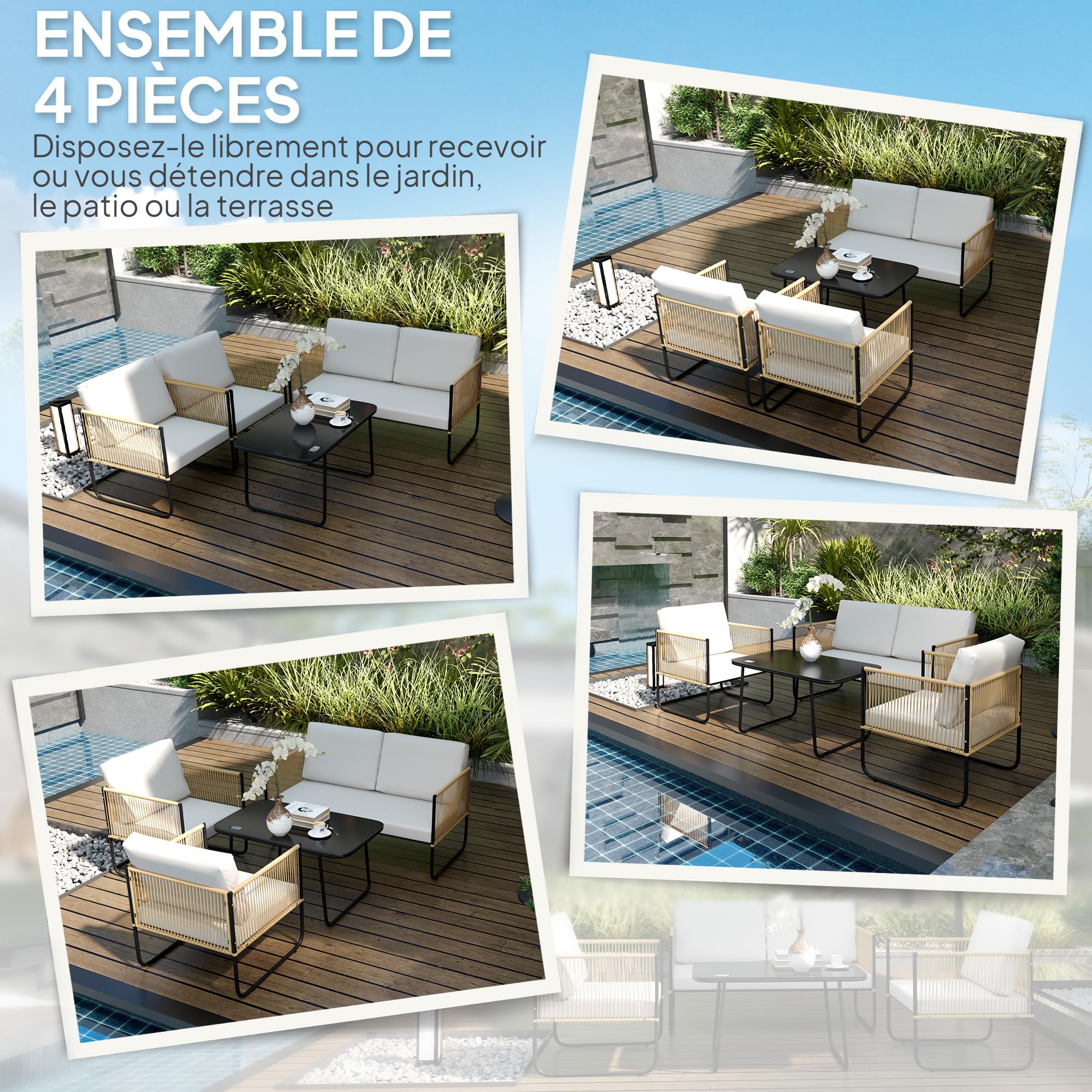 Outsunny Salon de Jardin extérieur 4 Personnes, Salon de Balcon en résine tressée avec canapé 2 Places, fauteuils et Table Basse en Verre trempé, Coussins déhoussables Inclus, crème