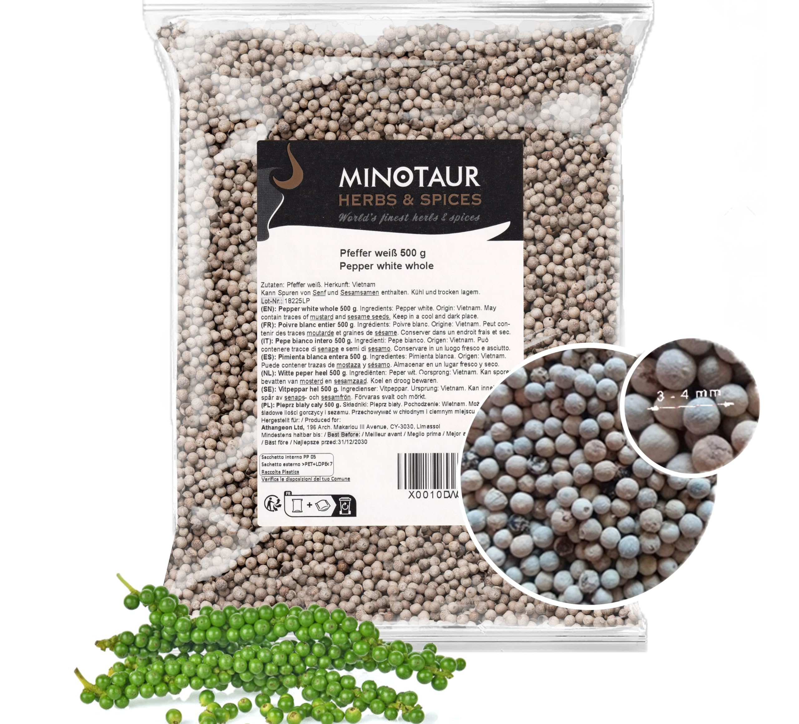 Minotaur Spices | Poivre blanc entier, Poivre blanc en grains, 2 x 500 g (1 Kg)