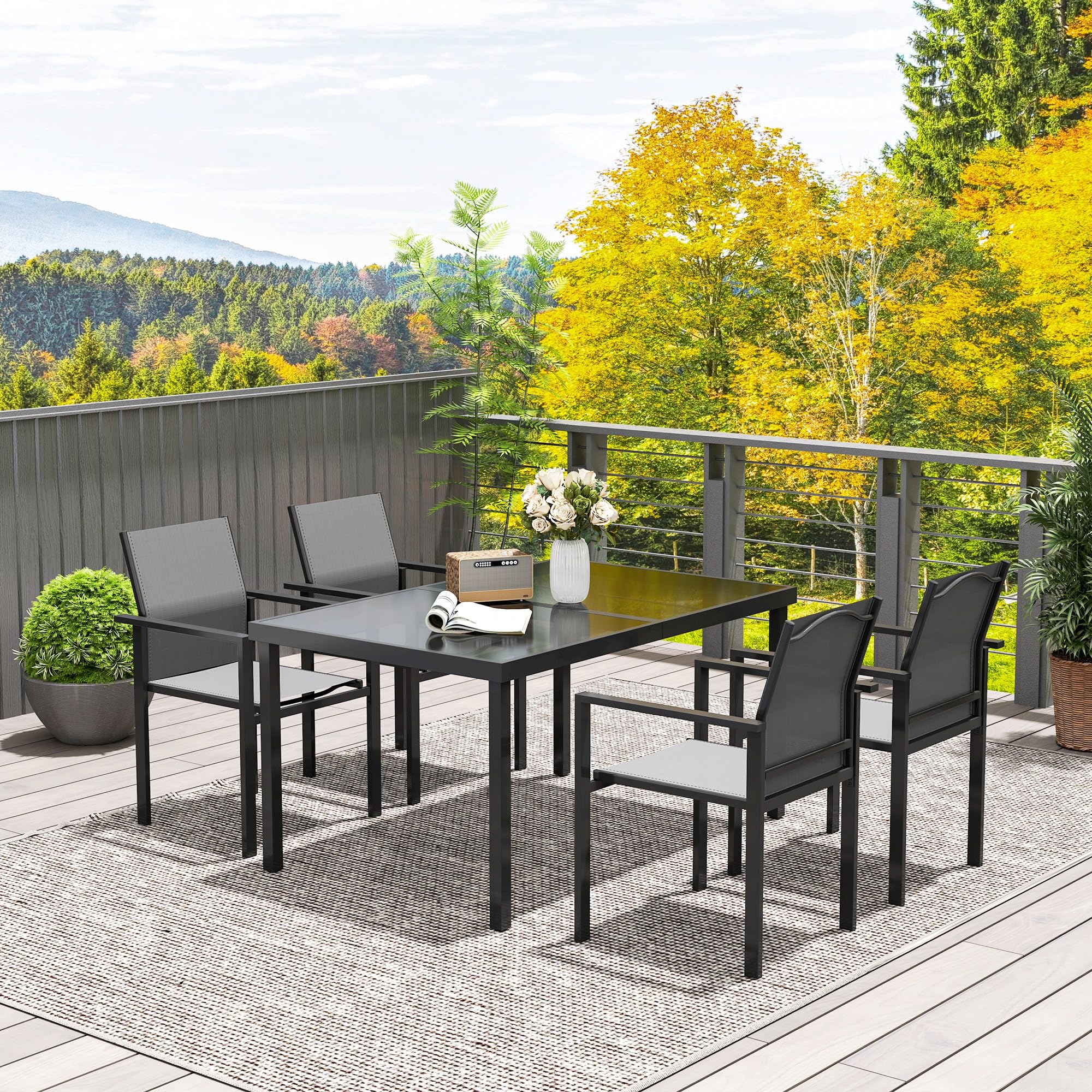 Outsunny Salon de Jardin extérieur 4 Personnes, Table de Jardin extérieure avec 4 chaises empilables, Plateau en Verre trempé 140 cm, mobilier de Jardin, terrasse, Porche, Noir