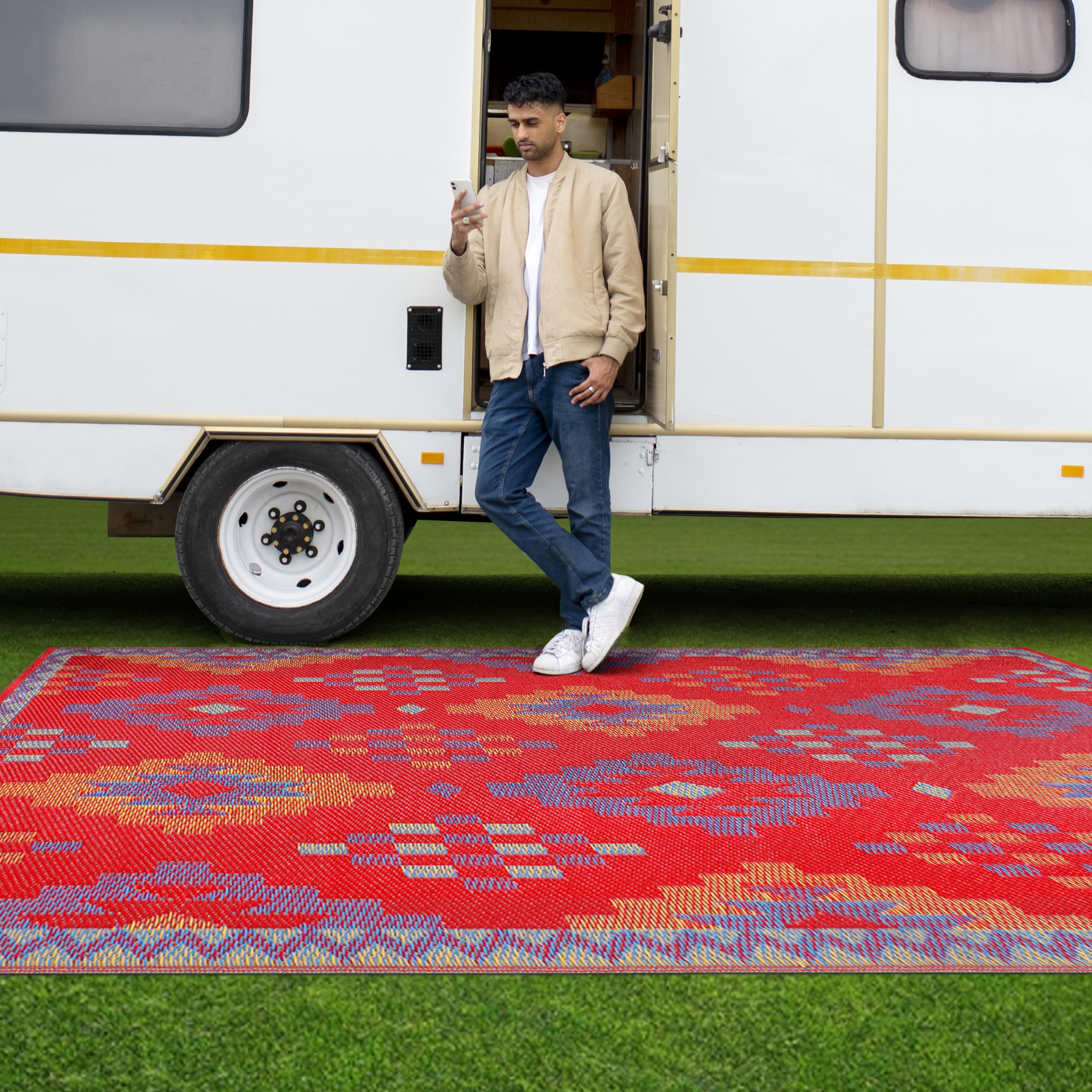 outdoor rug - waterproof, washable, reversible, stain resistant, foldable carpet - recycled plastic straw large area rugs for patio, rv, picnic, camping, farmhouse - sefa red 9x12 ft