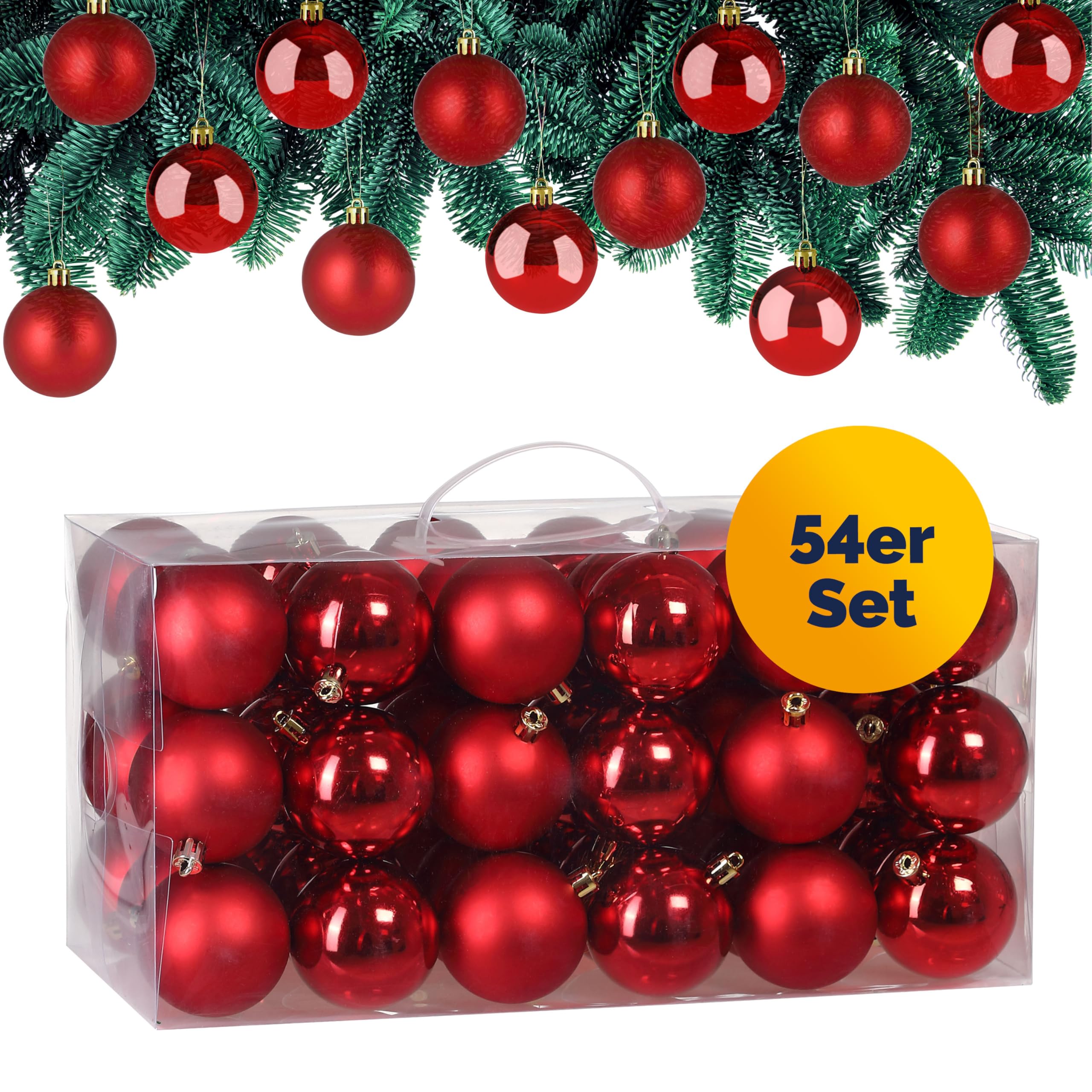 Deuba® Set Palline di Natale 54pz Ø 6cm in Plastica Decorazione Albero Addobbi Natalizi Feste Inverno Interno Esterno Rosso