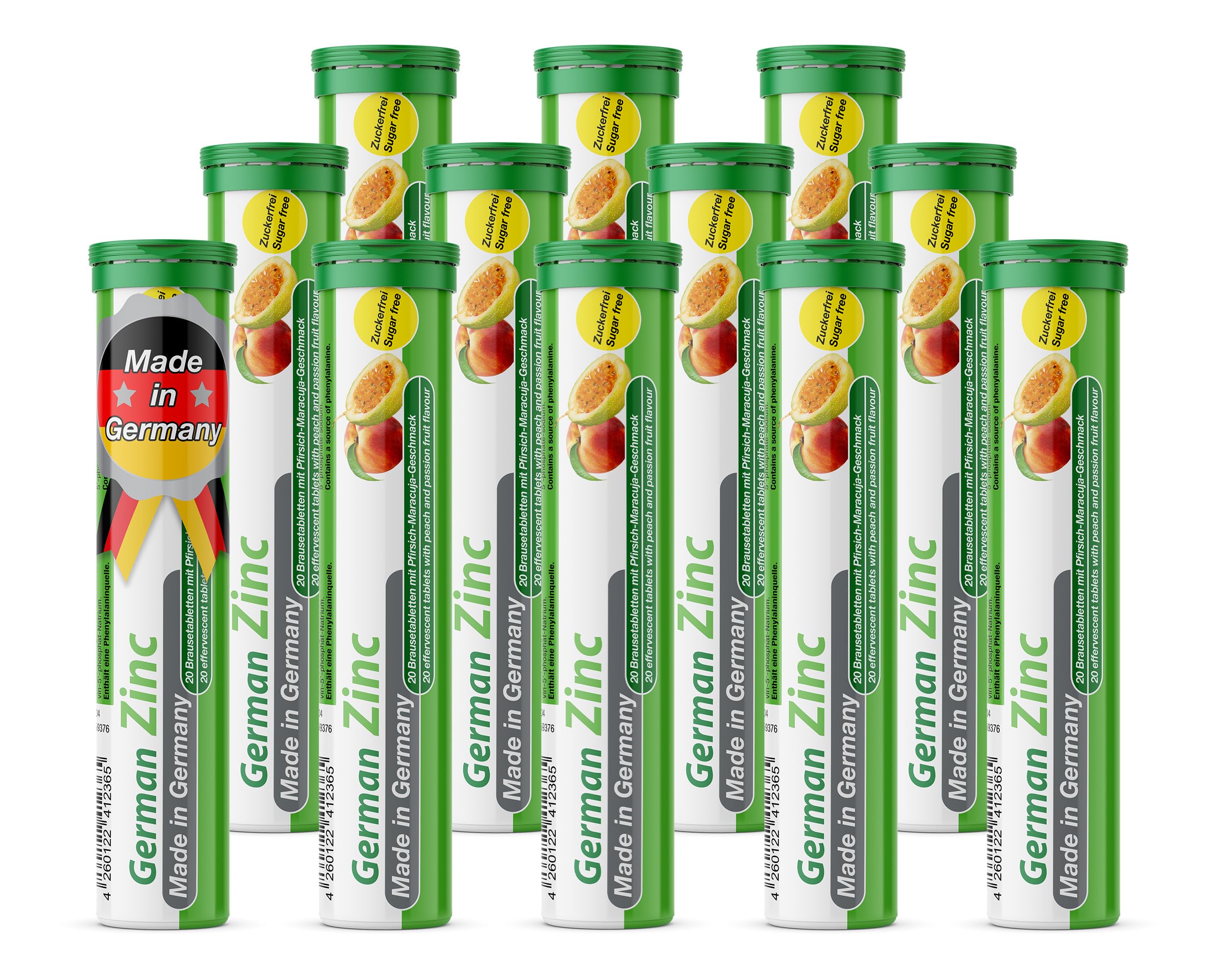 Comprimidos efervescentes de zinc 12x20 = 240 uds. Sabor melocotón y maracuyá – 5 mg de zinc sin azúcar – T&D Pharma German Zinc – Made in Germany