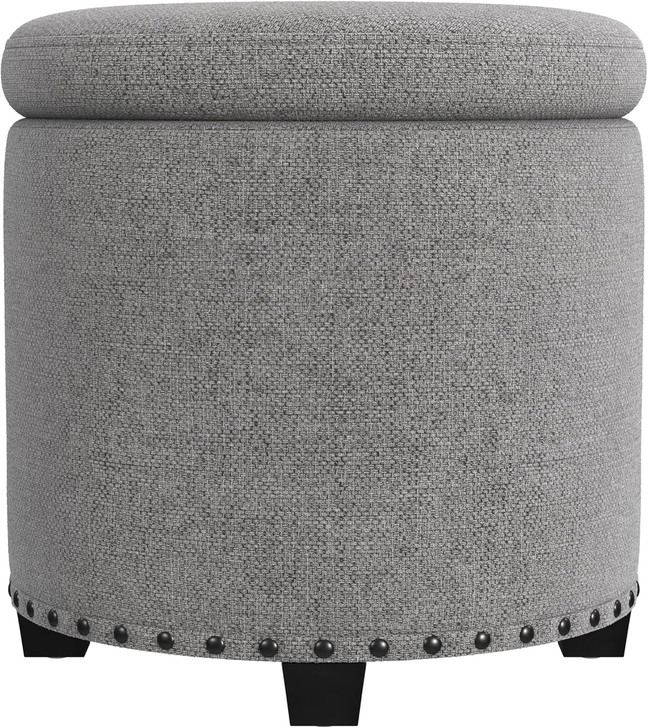 HomePop Home Decor | Upholstered Round Storage Ottoman with Nailheads| Ottoman with Storage for Living Room & Bedroom, Grey Woven