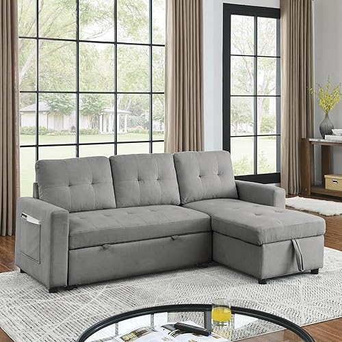 L-Shaped Reversible Sleeper Sectional Sofa Pull Out Couch Bed , Button Tufted Linen Convertible Pullout Sofabed with Storage Chaise Lounge and Detachable Cushion Back for Living Room Apartment Corner