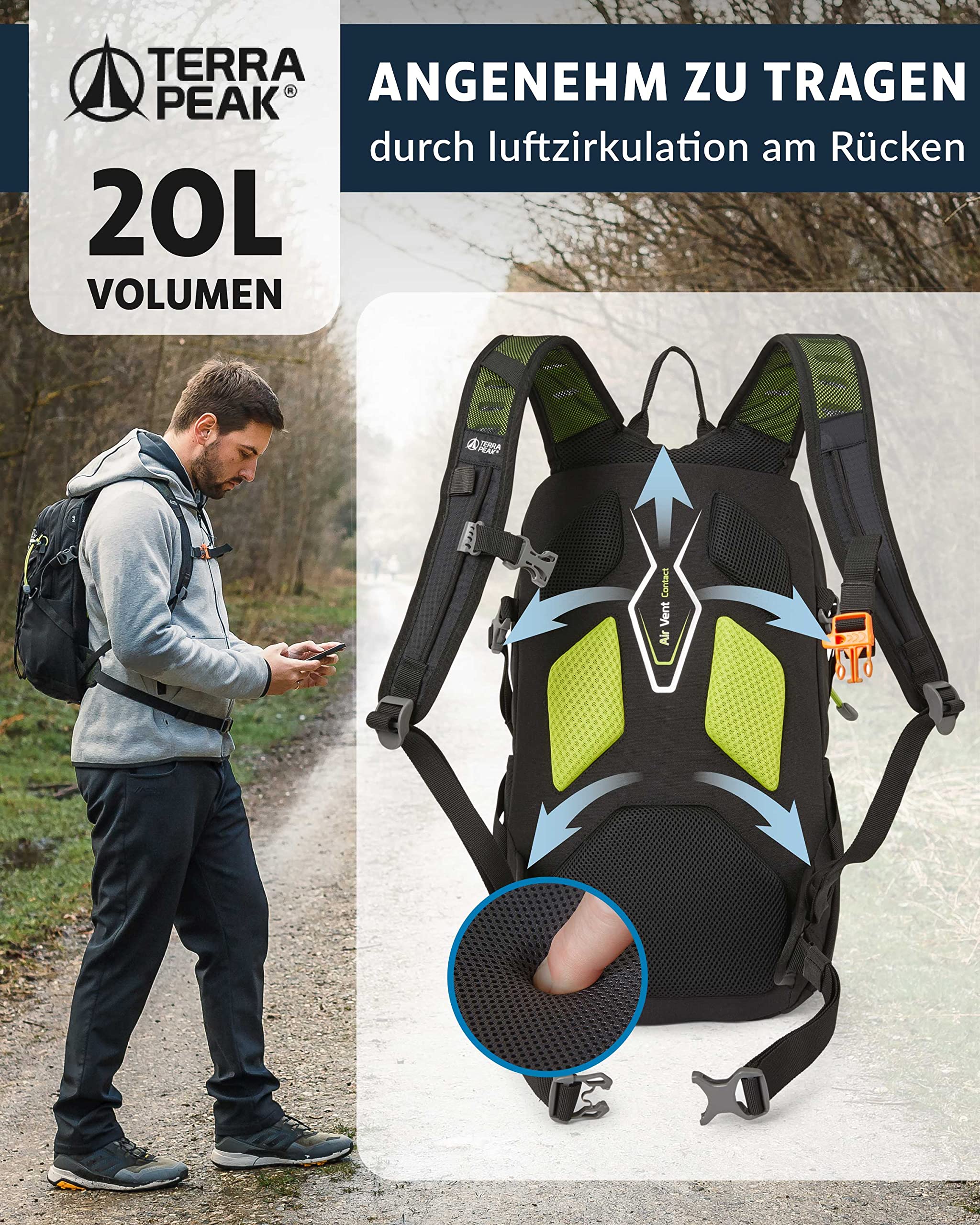 Terra Peak® Premium Wanderrucksack 20L (ACTIVE 20) Damen & Herren klein - Trekkingrucksack ergonomisch mit Rückenbelüftung, Regenschutz & Trinksystemhalterung - Rucksack aus 3D Air Mesh & Hüftgurt
