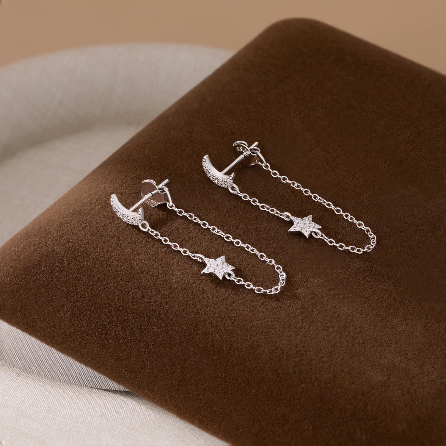 Reffeer Solid 925 Sterling Silver Moon Chain Dangle Earrings for Women Teen Girls CZ Star Chain Drop Earrings - Image 4