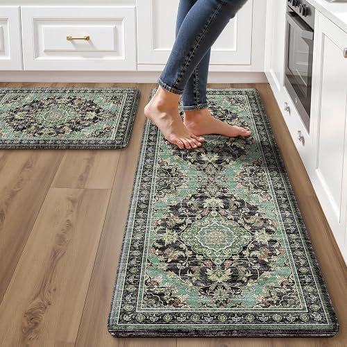 tubeamin Boho Kitchen Mats 2PC Anti-Fatigue Set, Black Green