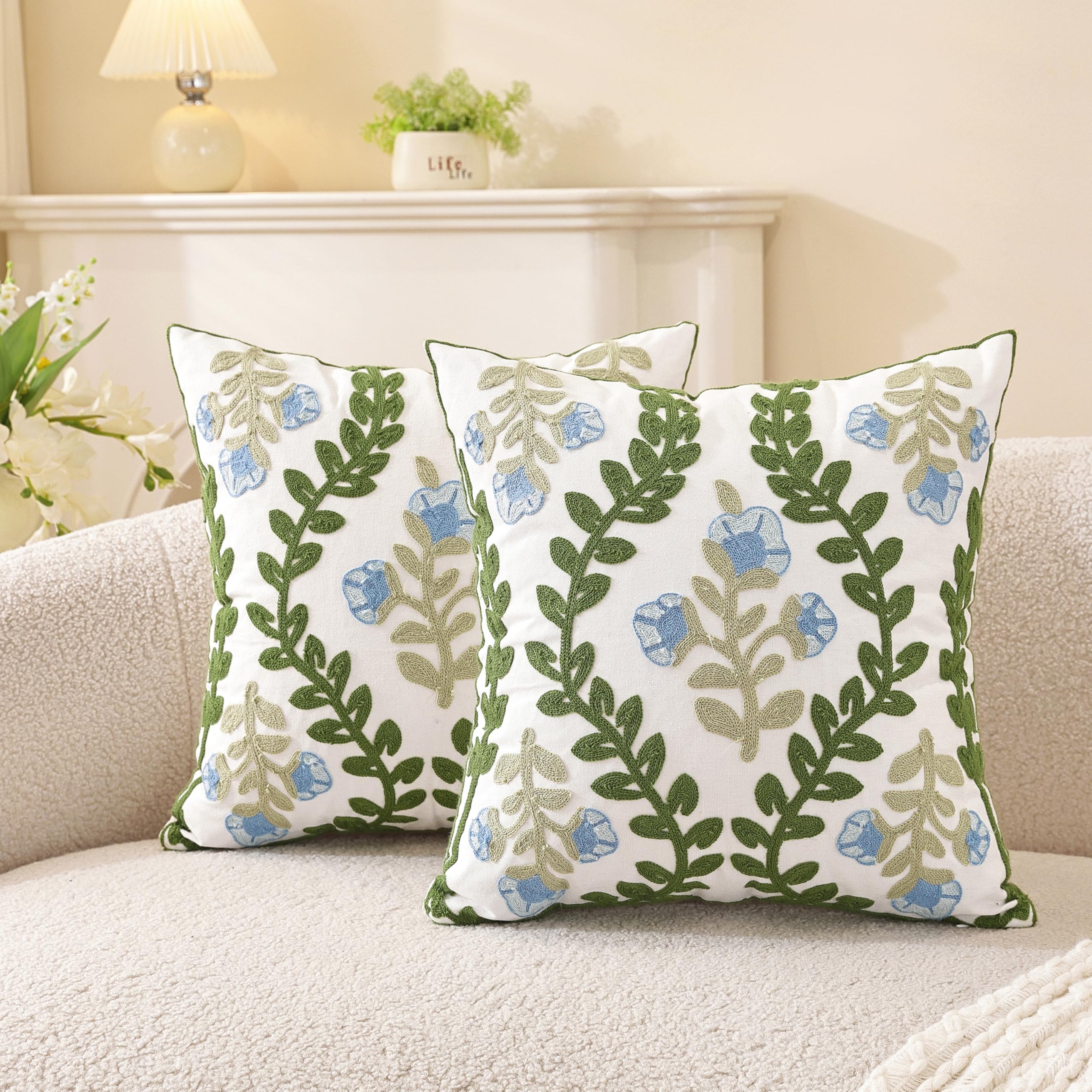 TAOSON Pack of 2,Blue Flowers Green Vines Patterned Embroidered Throw Pillow Cover,Cotton Cushion Covers, Spring Farmhouse Decor, Valentine's Day Gift Square Farmhouse Floral Pillow Case 18" x18"