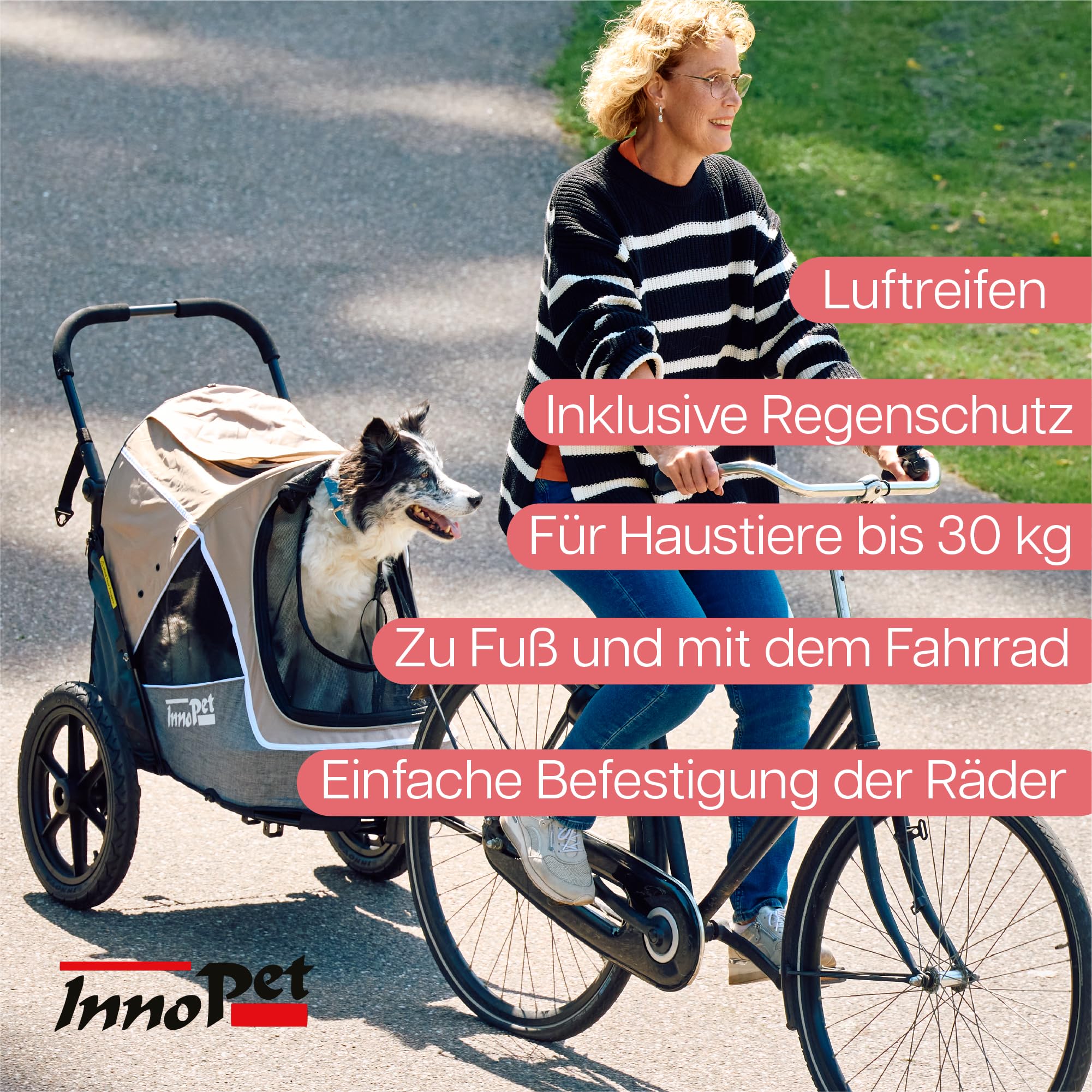 Hundebuggy und Fahrradanhänger für Hunde - Innopet Sporty Evolution Latte 2-in-1 - Beige/Grau - Reflektoren & Sicherheitsleinen - Hundewagen für alle Untergründe