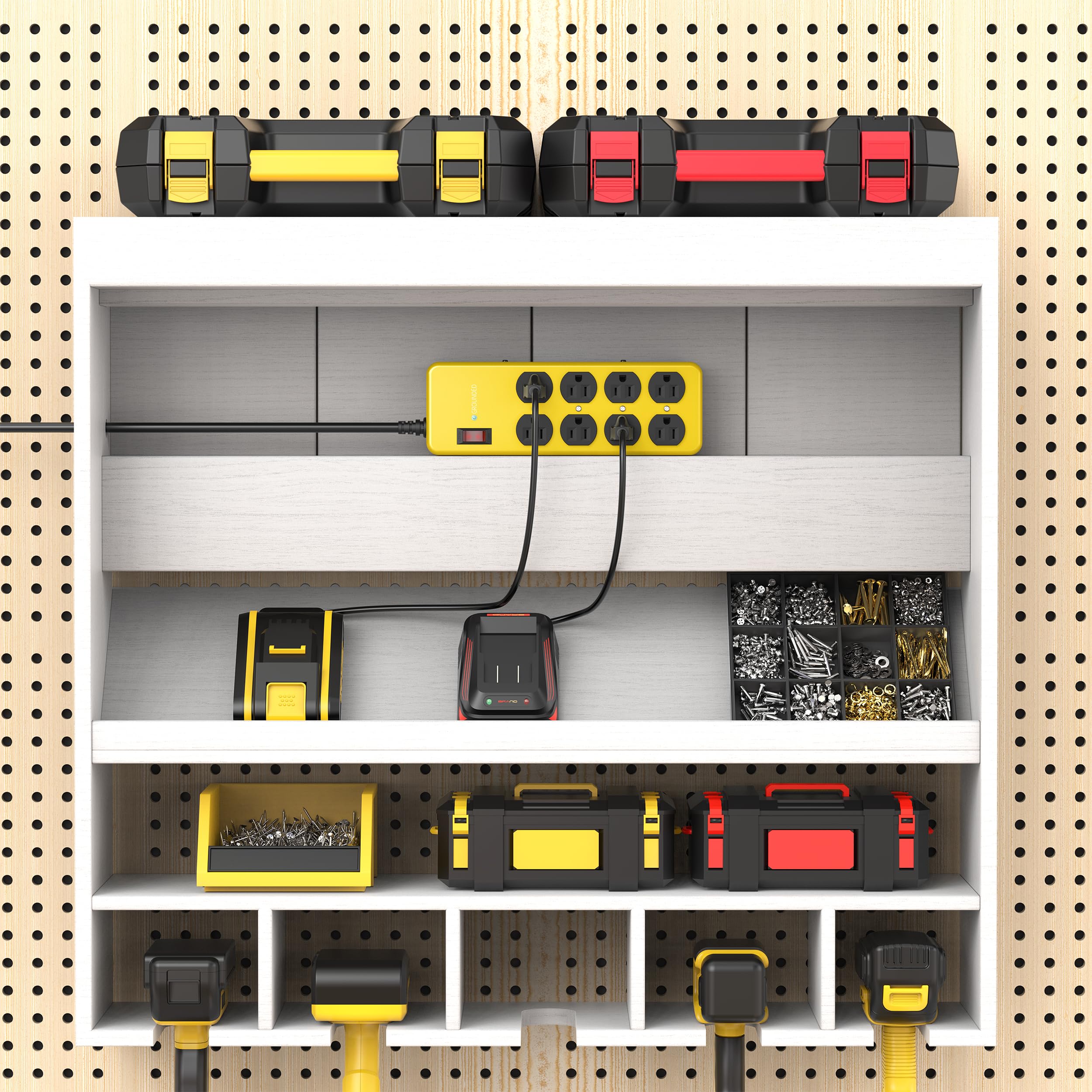 Tira de energía resistente, protector de sobretensiones de caja de metal pesado industrial, 8 salidas de CA, 15 amperios, 2700 julios, indicador protegido, cable de calibre 14 (amarillo, 6 pies de