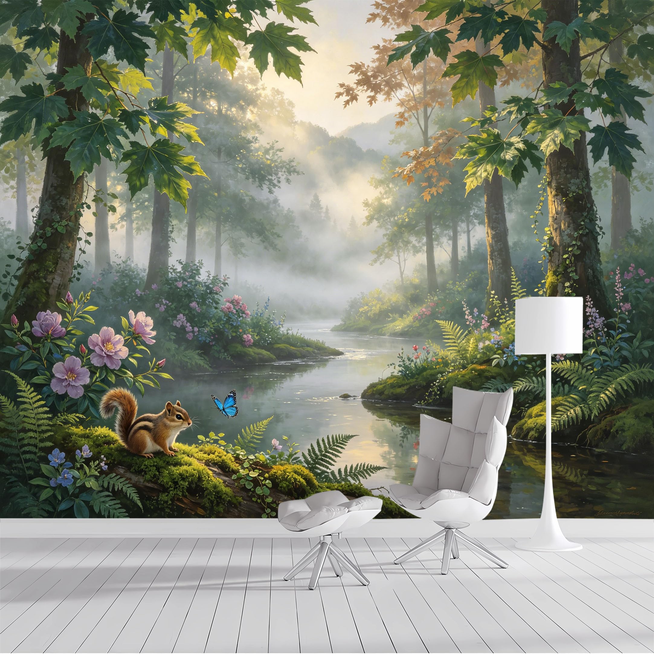 Custom Size Wall Mural Enchanting Forest Stream Wildlife Squirrel Butterfly Botanical Floral Watercolor SelfAdhesive Wall Fabric Removable Wallpaper for Living Room Bedroom Bathroom