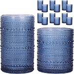 Moretoes Hobnail Verres à boire, 12 Coupes en verre d'eau bleue, Ensemble de verre vintage mixte, 6pcs 12oz Hauts-balles et 6pcs 10oz vieux verres mode, idéal pour les cocktails, Whisky et autres boissons