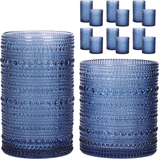 Moretoes Hobnail Verres à boire, 12 Coupes en verre d'eau bleue, Ensemble de verre vintage mixte, 6pcs 12oz Hauts-balles et 6pcs 10oz vieux verres mode, idéal pour les cocktails, Whisky et autres boissons