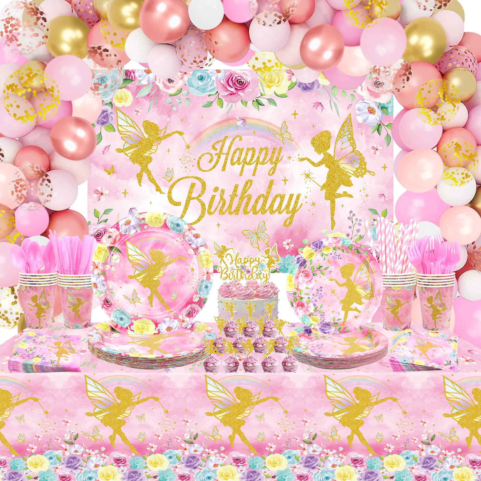 Fairy Birthday Party Decoration - Fairy Party Favors, Plates Cups Napkins Tablecloth Happy Birthday Backdrop Balloons Arch Cake Toppers for Fairy