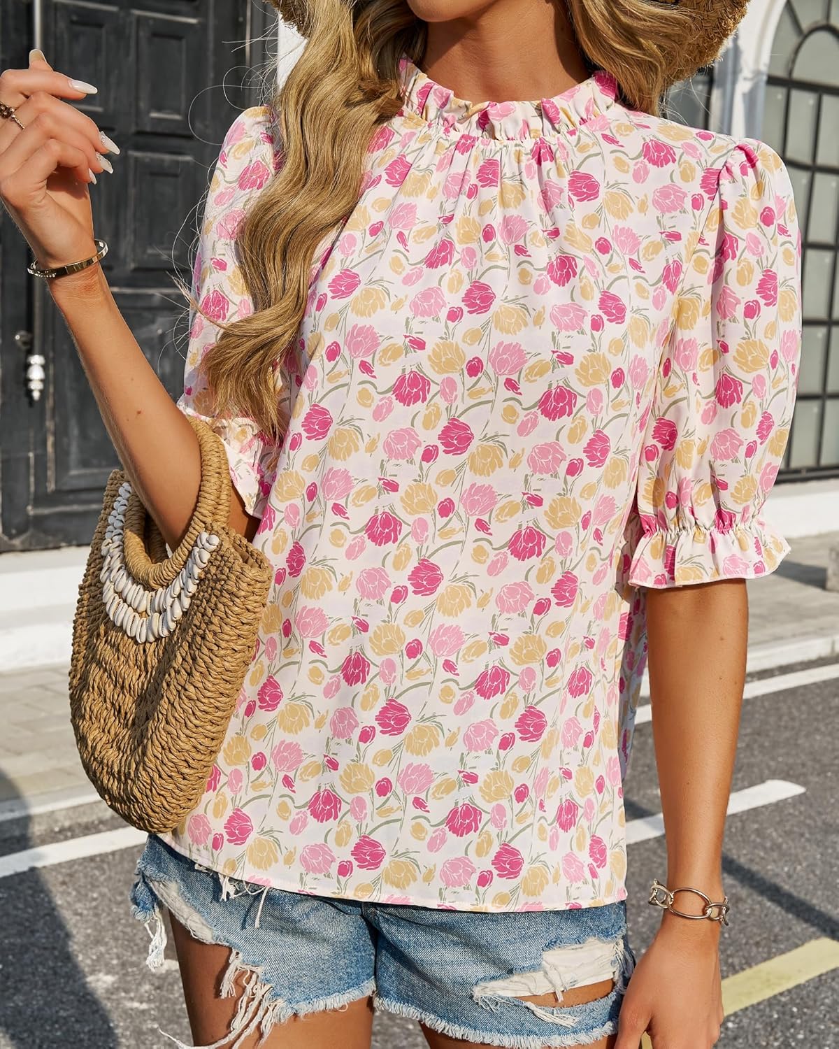 BTFBM Womens Tops 2026 Dressy Casual Blouses Summer Spring Clothes Mock Neck Short Sleeve Shirts Business Work Fall Outfits - Image 2