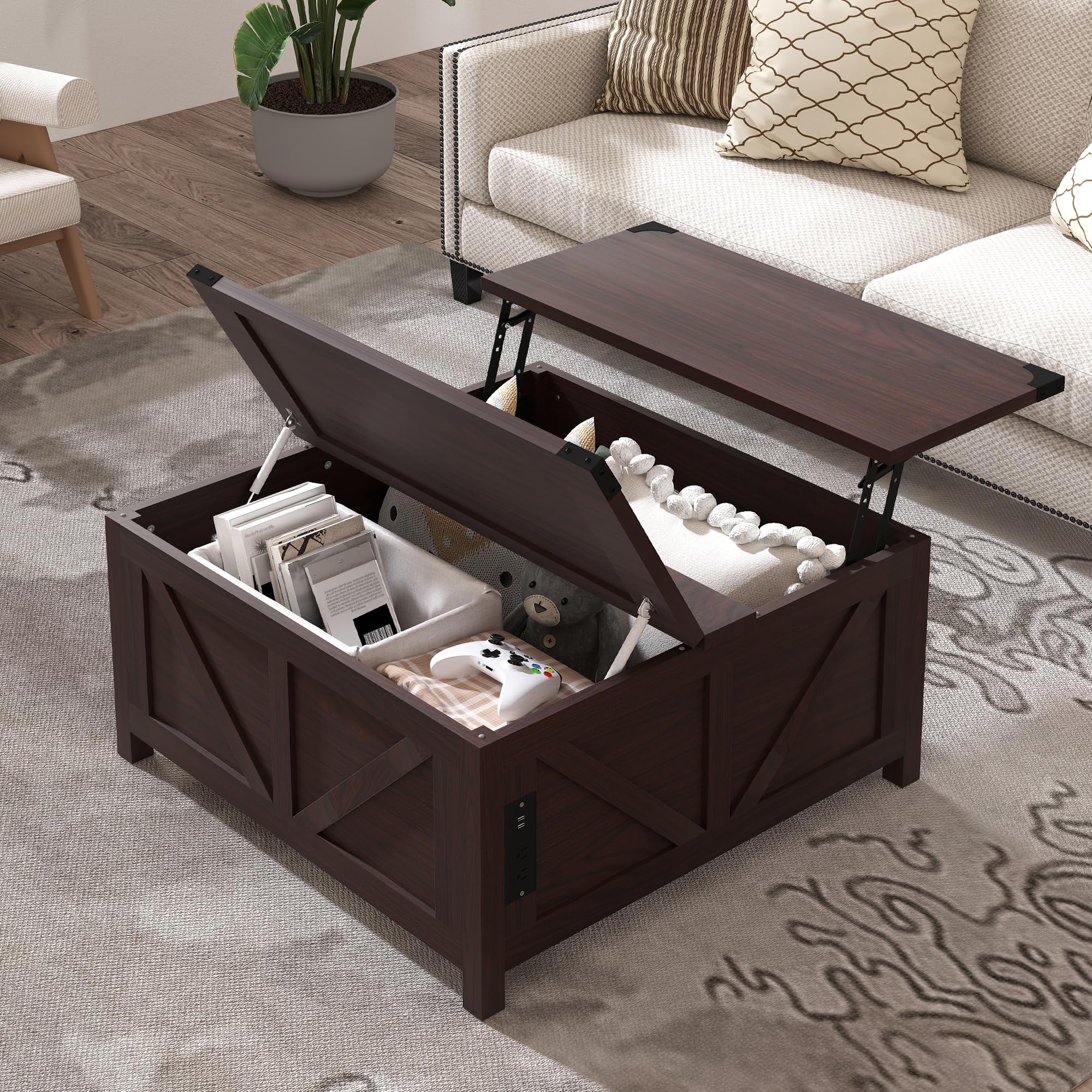 farmhouse coffee table, 35'' lift top coffee table with storage and large hidden storage, square coffee tables with charging station, brown coffee tables for living room, home, office