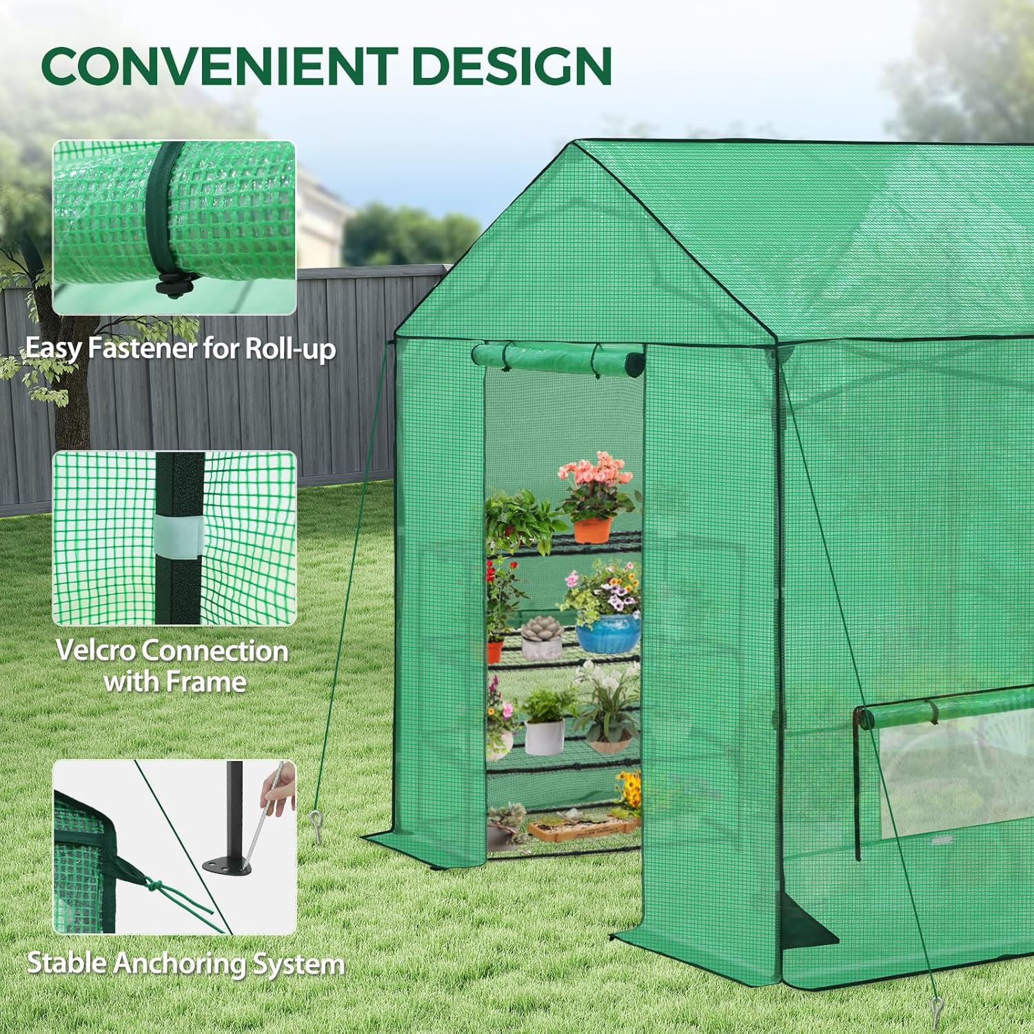 10x10 Pop Up Greenhouse, Instant Walk in Green House with PE Cover, Power Ports, Roll up Doors & Windows for Indoor Outdoor Plant Growing, Green