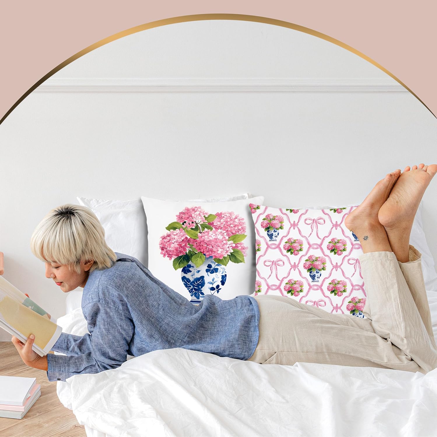 Chinoiserie Blue and White Pink Hydrangea Floral Pillow Cover 18x18 Double-Sided Set of 2,Grandmillennial Home Decor,Spring Pink Hydrangea Decorative Throw Pillow Cover for Home Living Room