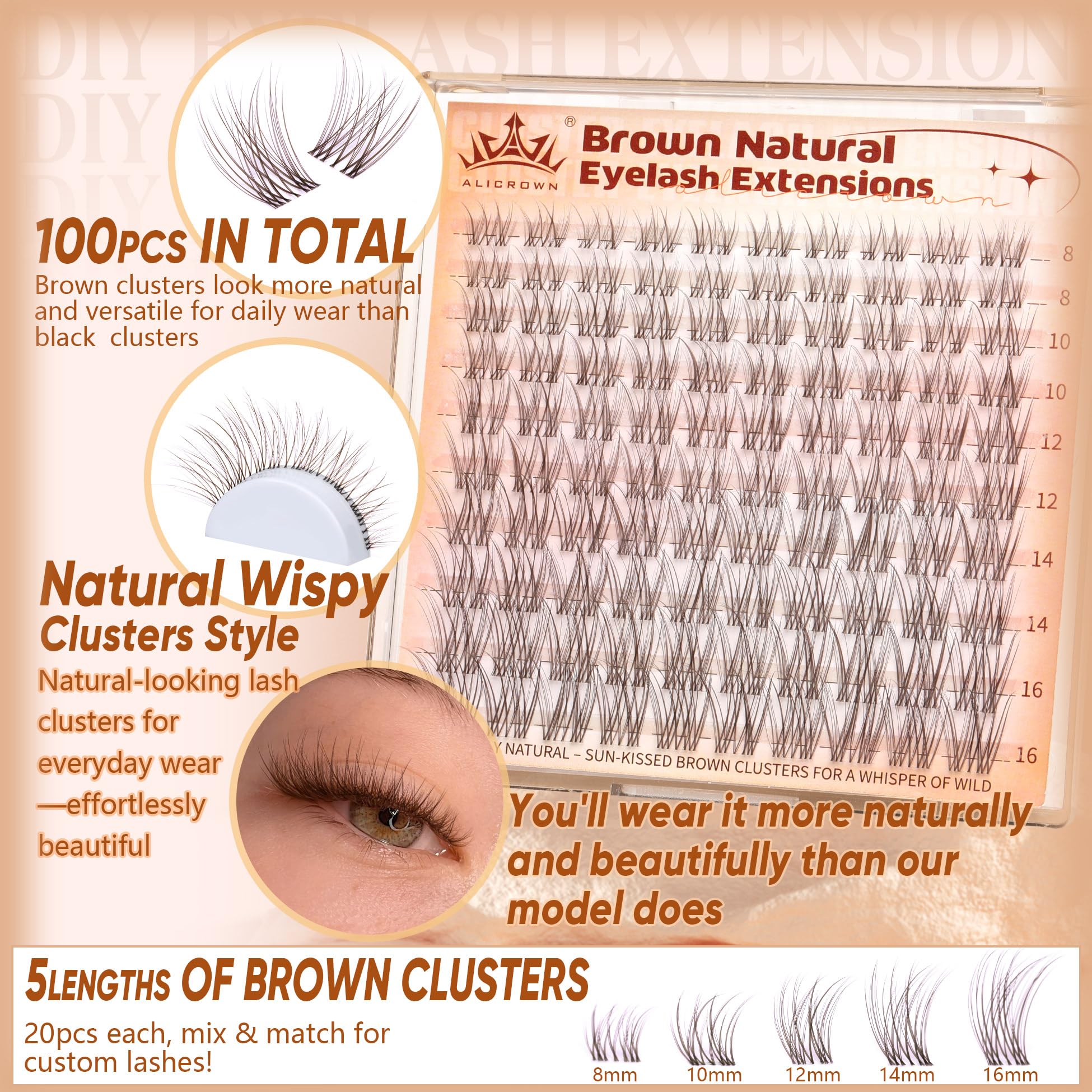 Brown Lash Clusters Natural Eyelash Clusters Wispy Individual Lash Extensions Brown Eyelash Extensions with Clear Bands Short DIY Eyelash Extensions at Home 100Pcs 8mm-16mm - Image 3
