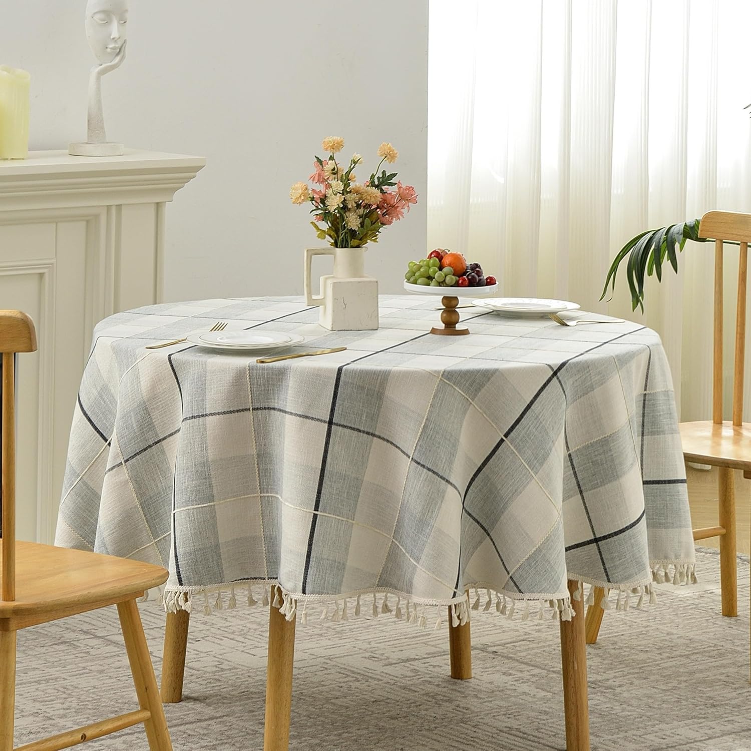 Lattice Embroidery Round Tablecloth with Tassel, Heavy Duty Cotton Linen Fabric Wrinkle Resistant Table Cloth Cover for Kitchen Dining Party Decoration, Round 70 Inch, Beige