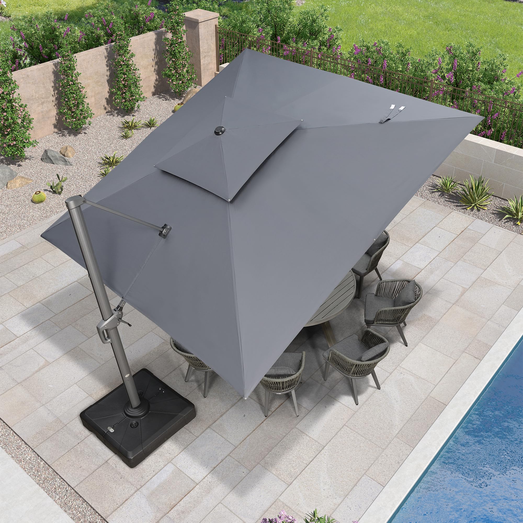 PURPLE LEAF 12ft Patio Umbrella with Base Large Outdoor Square Umbrella Deluxe Hanging Double Top Cantilever Offset Market Umbrella Windproof Garden Umbrella Grey