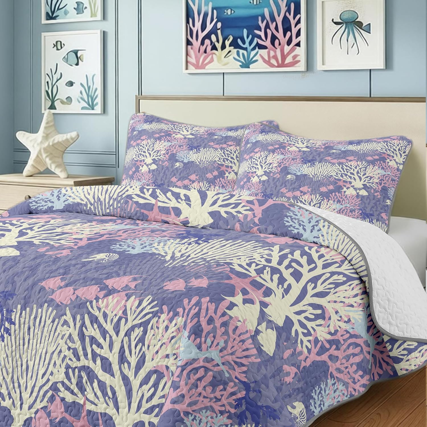 NIDITW Queen Quilt Set Microfiber Ultra Soft Lightweight Comforter with 2 Shams All Season Bedspread Coverlet Coral Seaweed Fish Design Purple (Purple Coral, Queen)