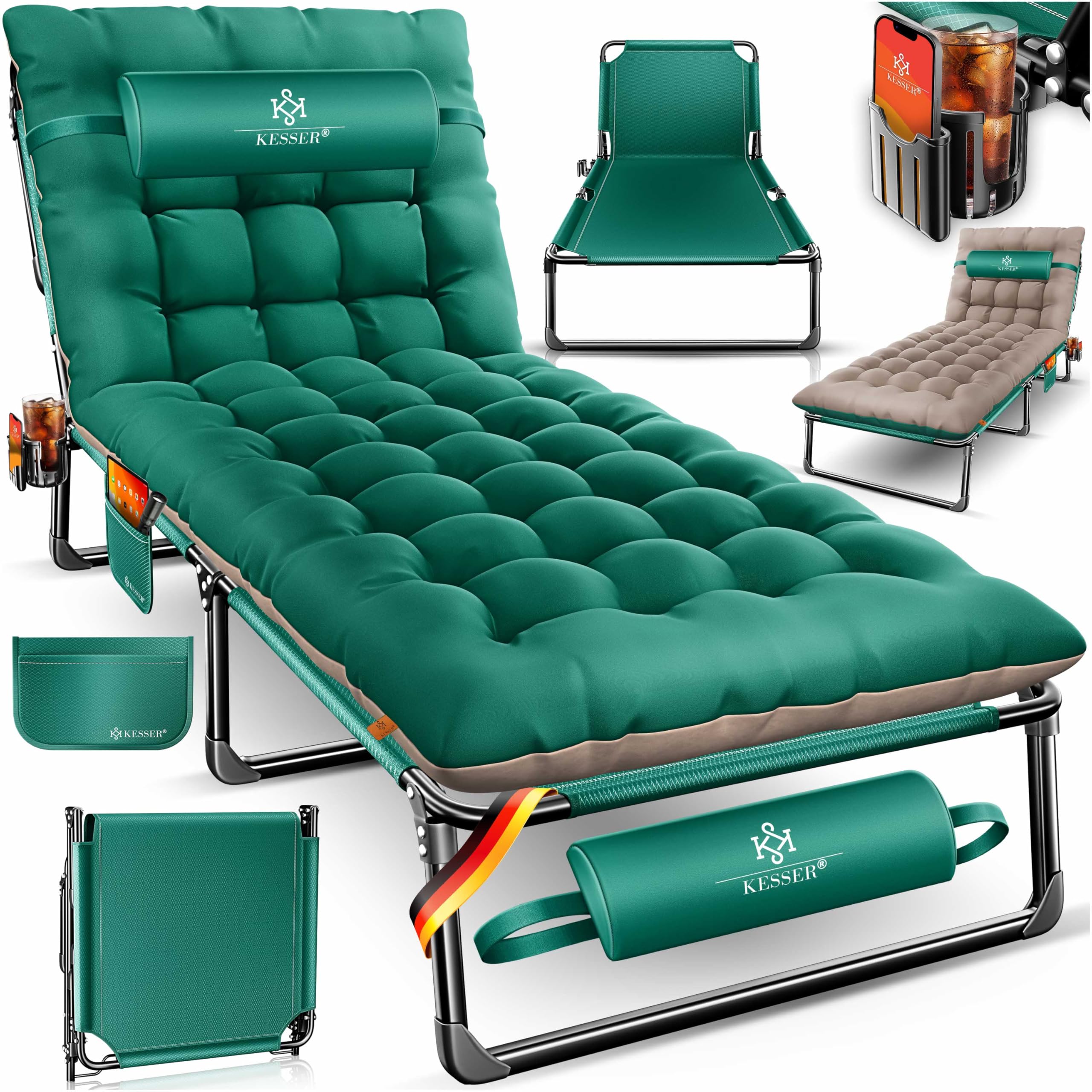 KESSER® Lit de camping pliable 190 x 68 x 30 cm - Charge maximale : 250 kg - En tissu Oxford et structure en acier robuste - Chaise longue pour camping avec sac de transport, coussin de nuque, poche