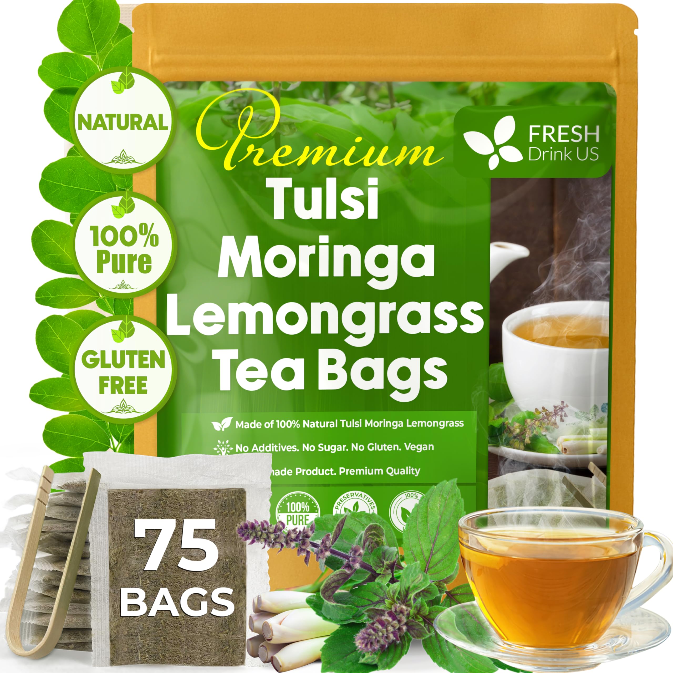 FreshDrinkUS, Premium 75 Tea Bags Tulsi Moringa Lemongrass, 100% Natural & Pure from Tulsi Holy Basil Leaves, Moringa & Lemongrass. Made with Natural Material Tea Bags. No Sugar, No Caffeine, Vegan.