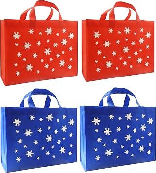CYMA Reusable Gift Bags, Large, Snowflake, 4 Pack (Red/Blue)