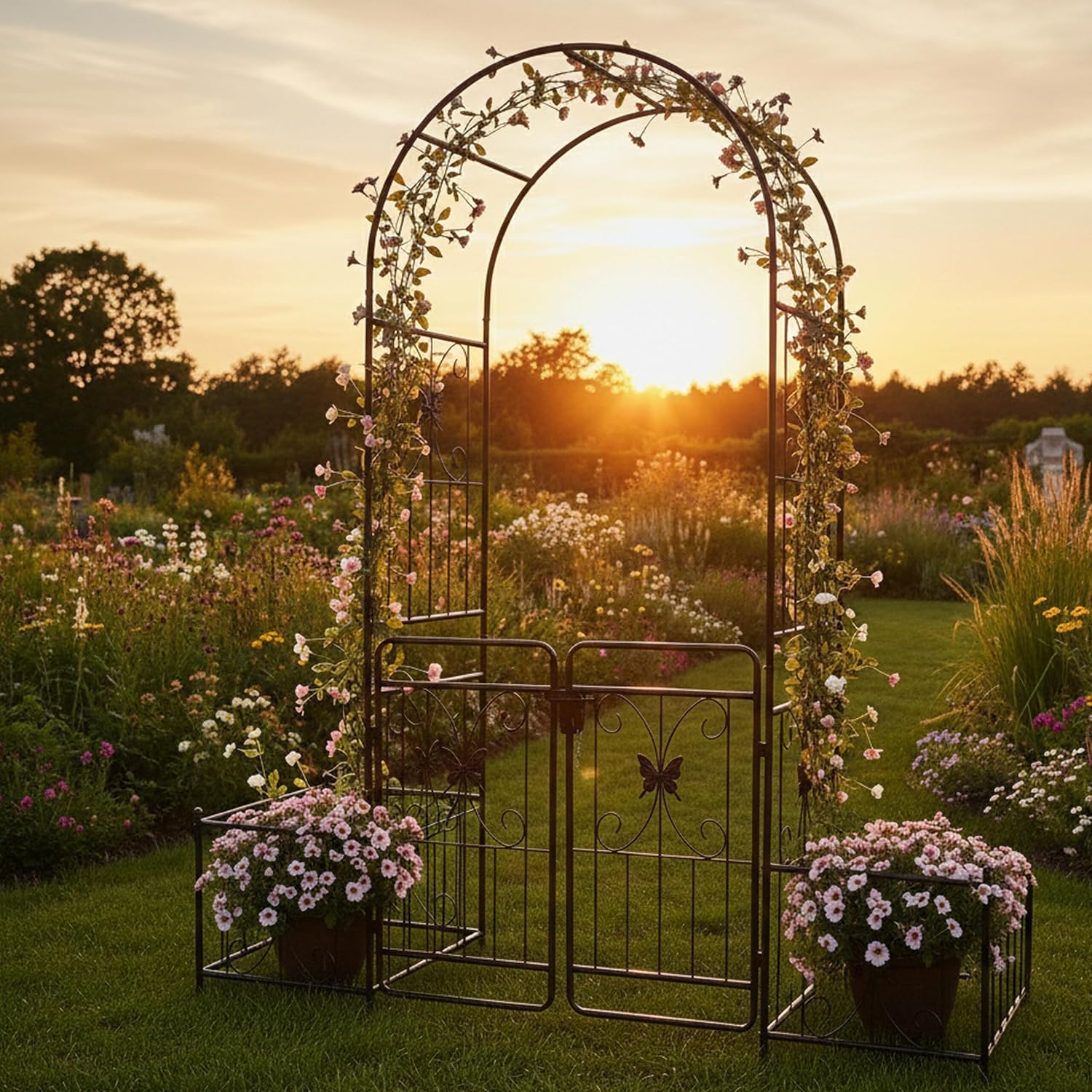 Relaxdays Metal Rose Arch with Gate and 2 Planters, H x W x D: 220 x 202 x 50 cm, Garden Trellis Arch, Black