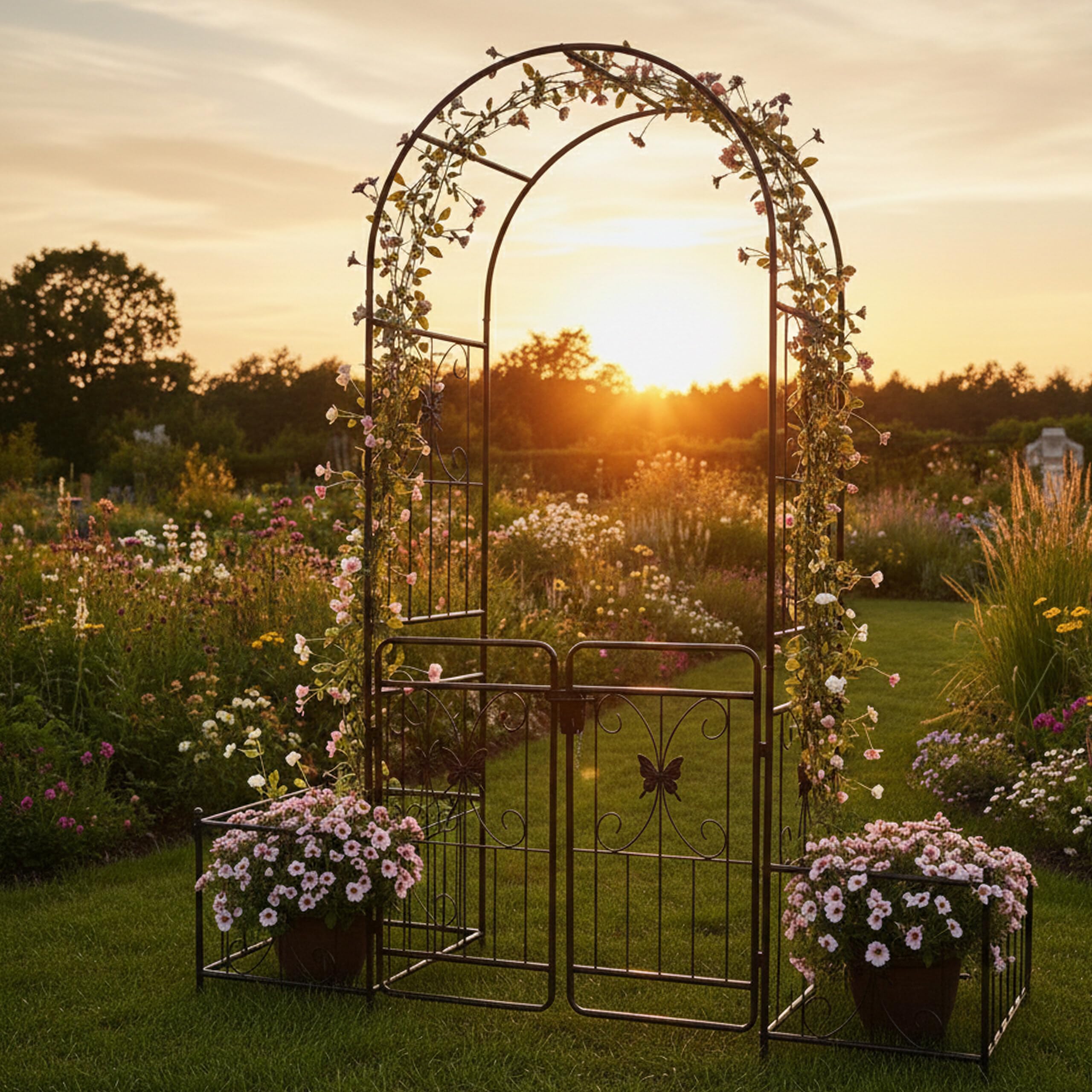 Relaxdays Arche Ronde en métal avec portillon Double et 2 jardinières, 220 x 202 x 50 cm, Noir