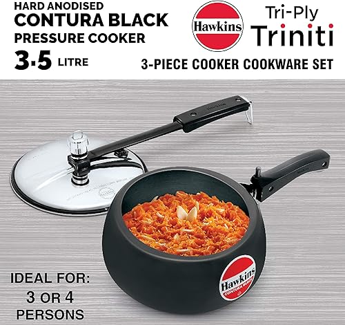 Miniatura 4 de Hawkins Triniti - Juego de cocina (Tava, sartén profunda, olla a presión con tapa interior), color negro (PCWSET1), aluminio anodizado duro