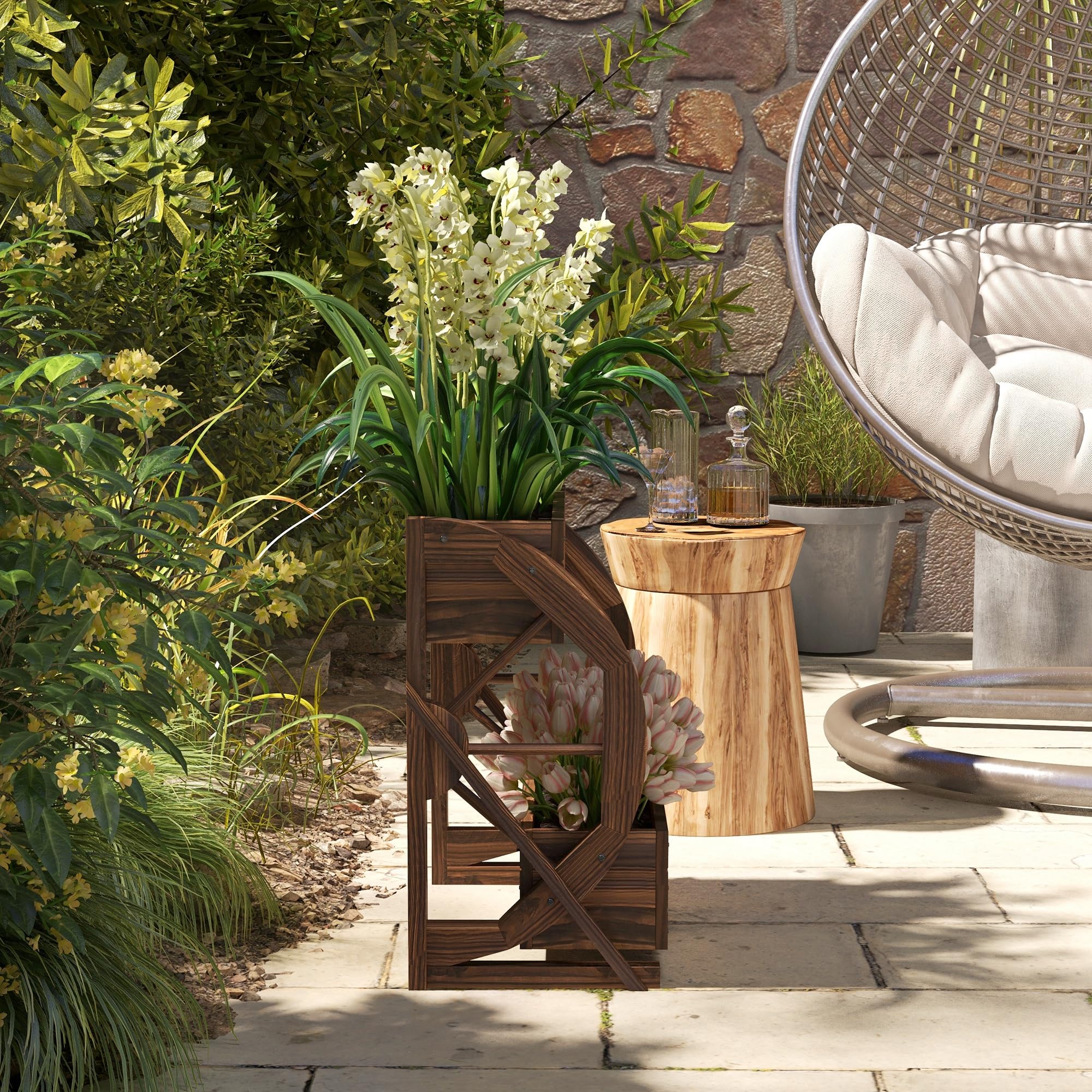 Outsunny Jardinière en Bois à 2 Niveaux pour l'extérieur, Potager surélevé avec 2 Pots et Roues de Chariot de Style campagnard, 55x32x56cm