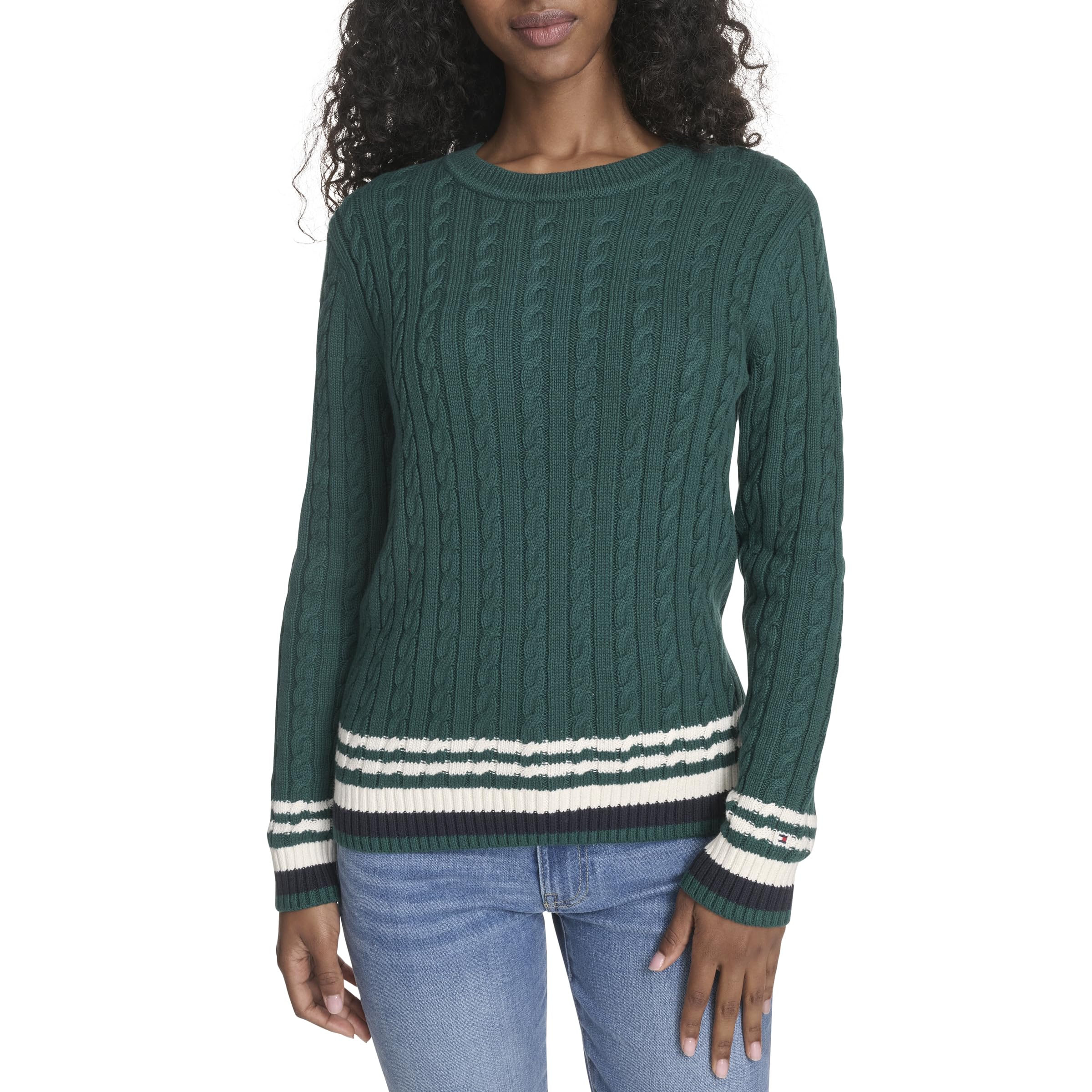 Tommy Hilfiger Women's Cotton Crewneck Cable Sweater, Forest Multi, XS