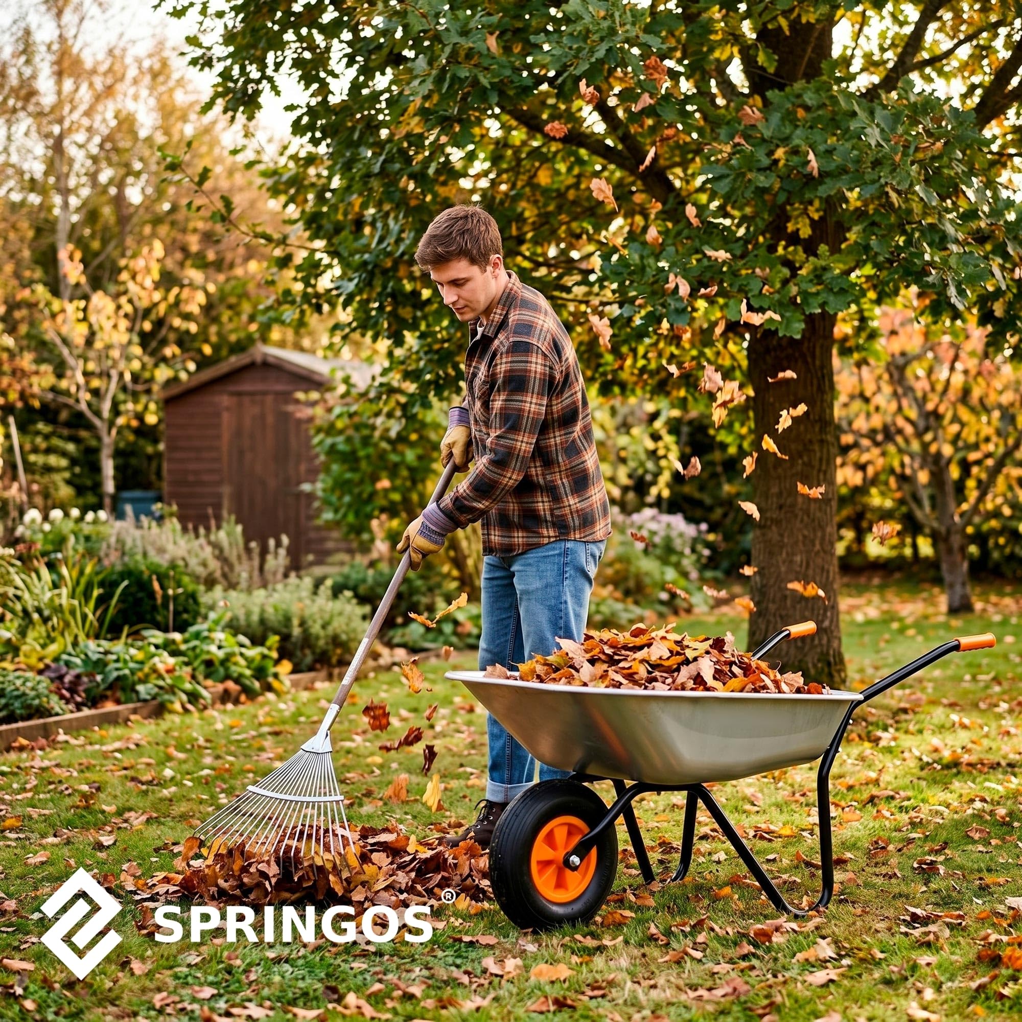Springos Carretilla de 120 l con neumáticos de aire y bandeja de acero galvanizado, capacidad de carga de hasta 100 kg, para jardín, construcción, patio, taller, color plateado y naranja