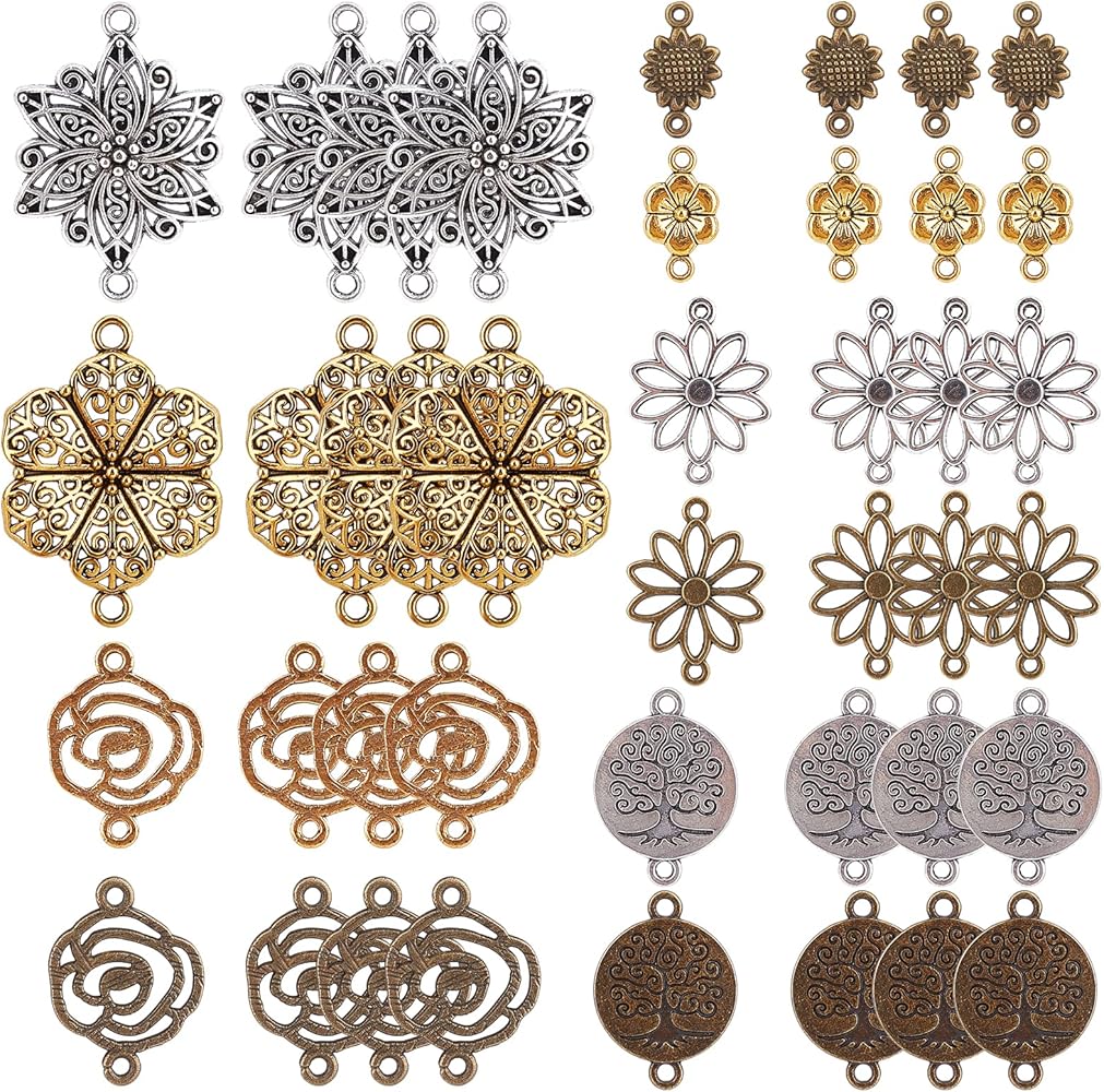SUNNYCLUE 72 Pezzi Di Connettori In Filigrana – 12 Stili Bronzo Antico (Fiori, Gocce, Farfalle) Per Gioielli Fai Da Te