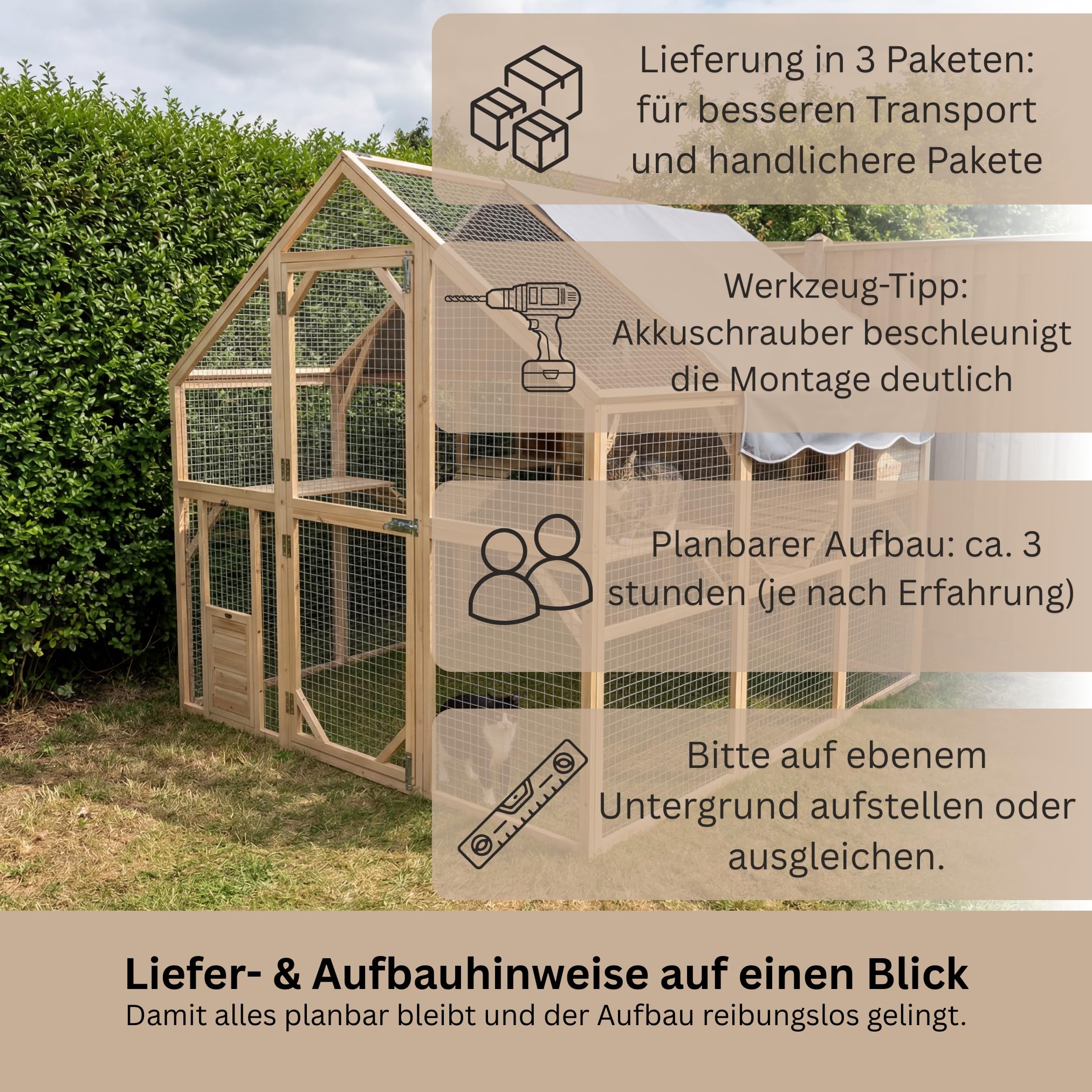 Katzengehege Outdoor XXL – Katzenauslauf und Freilaufgehege für Garten | Massives Holz, 2 mm verzinktes Stahlgitter, begehbar durch große Tür, wetterfest, inkl. Schutzhäuschen, auch für Terrasse