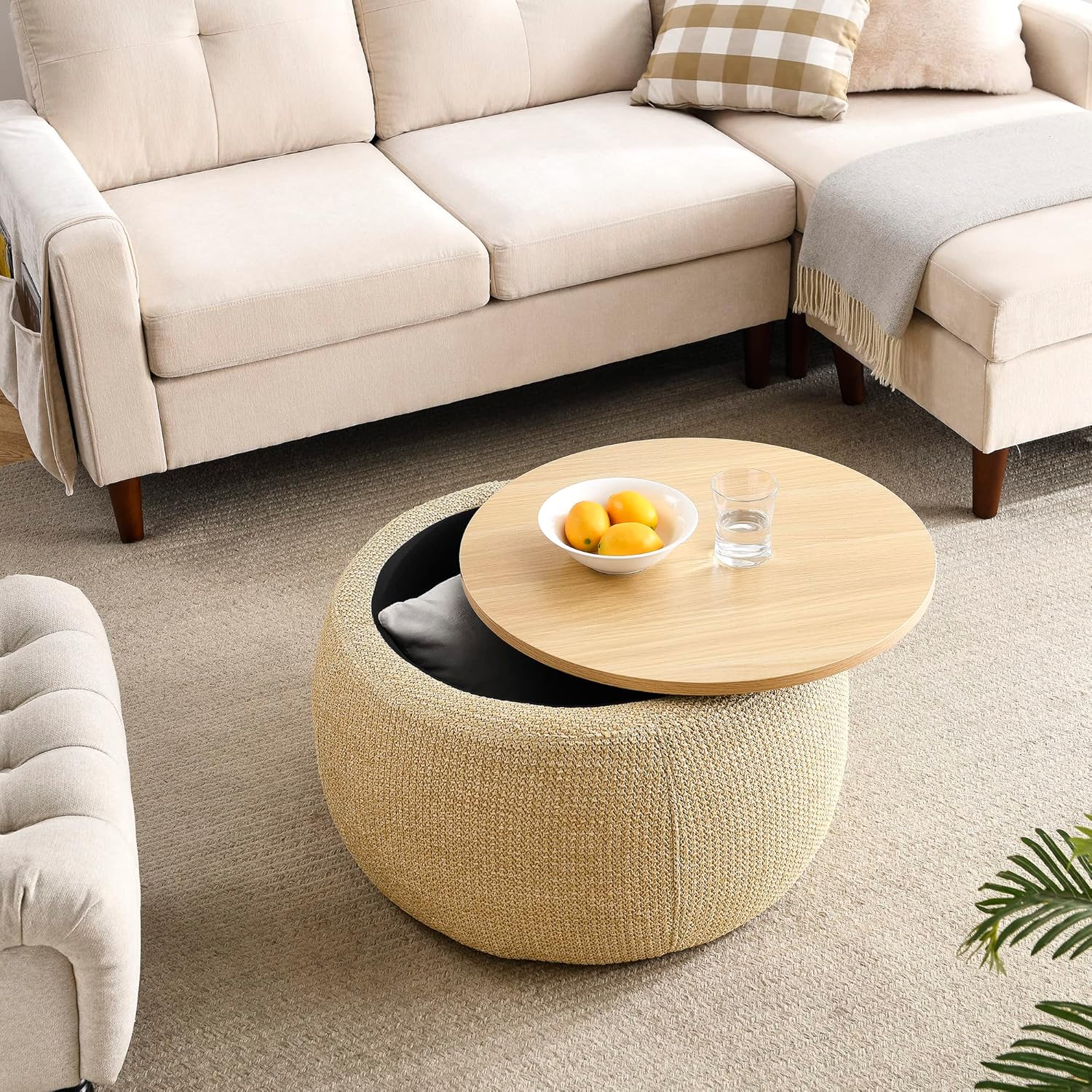 kevinplus Round Storage Ottoman Coffee Table, Fabric Upholstered End Side Table Footstool, Multifunctional Ottoman for Living Room, Φ25.5''xH14.5'', Light Yellow