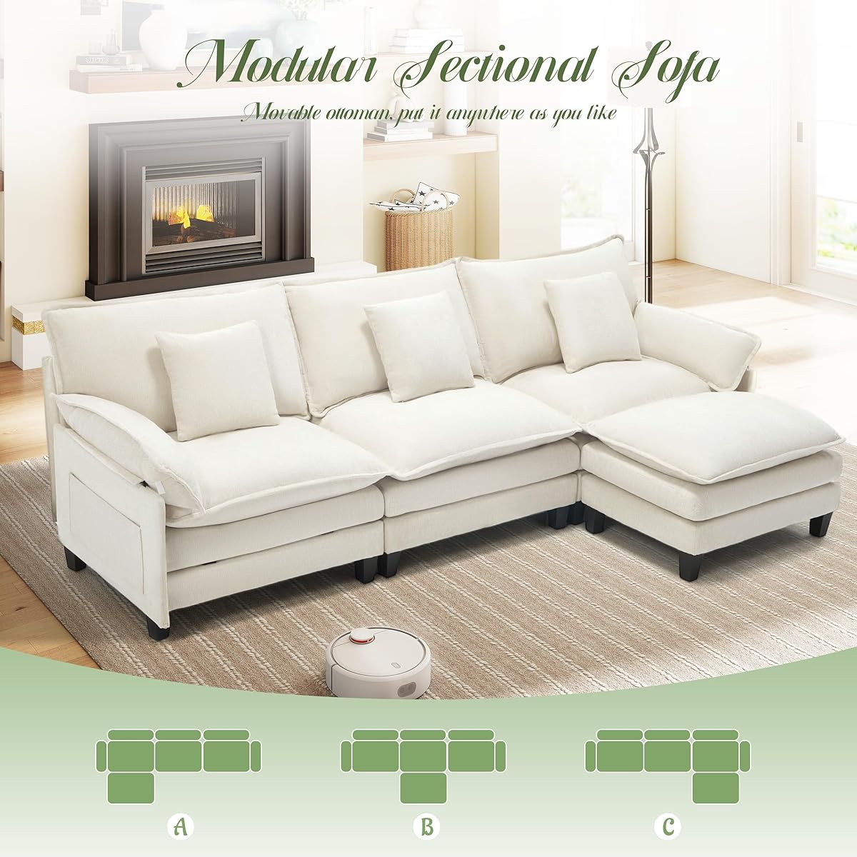 Comfy Cloud Couch with Movable Ottoman, Modular Sectional Sofa, 106" L Shaped Modern Sofa with Pillows, Deep Seat Couches for Living Room, Bedroom and Apartment, Beige - Thumbnail 3