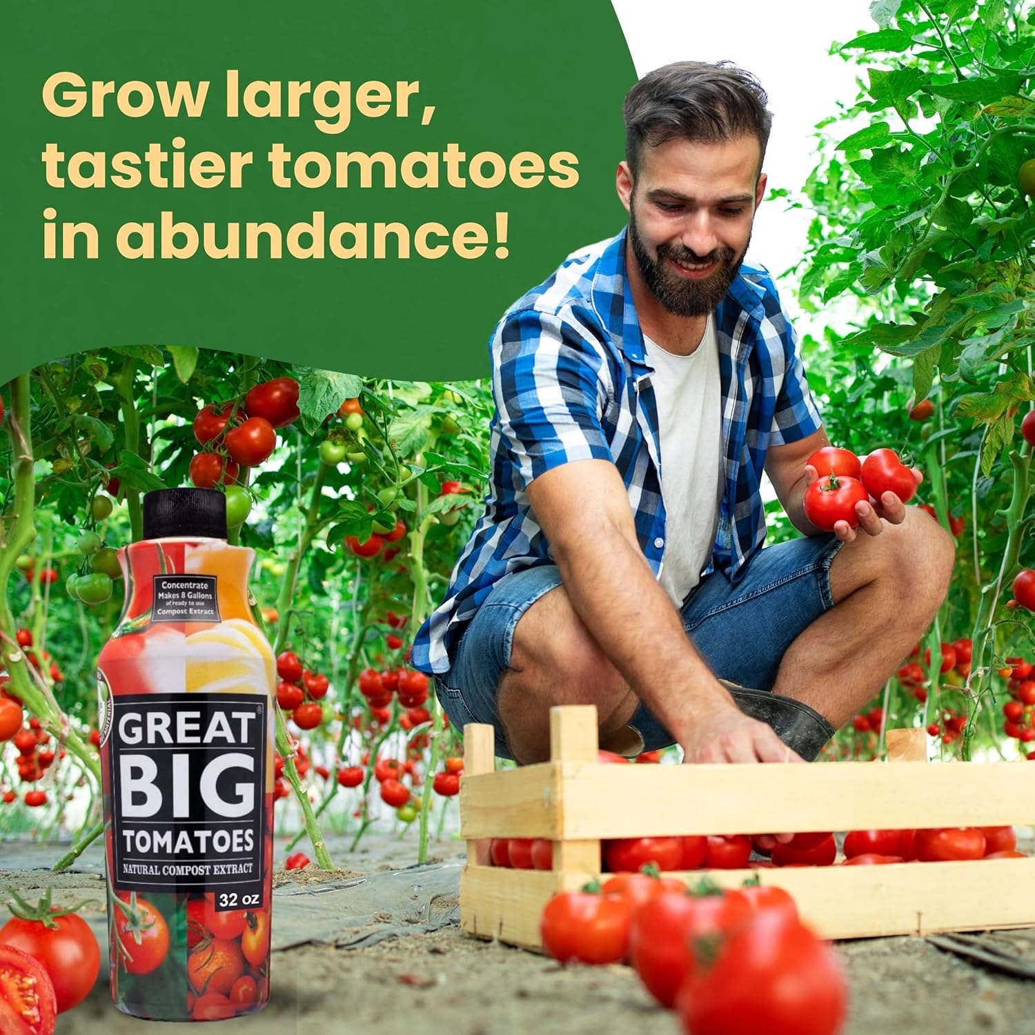 Great Big Tomatoes Soil & Fertilizer Booster for Big Vegetable Yields, Better Fertilizer & Plant Food Efficiency, and Garden Performance. Perfect for Beginners. 32 Ounce Concentrate (Makes 8 Gallons)