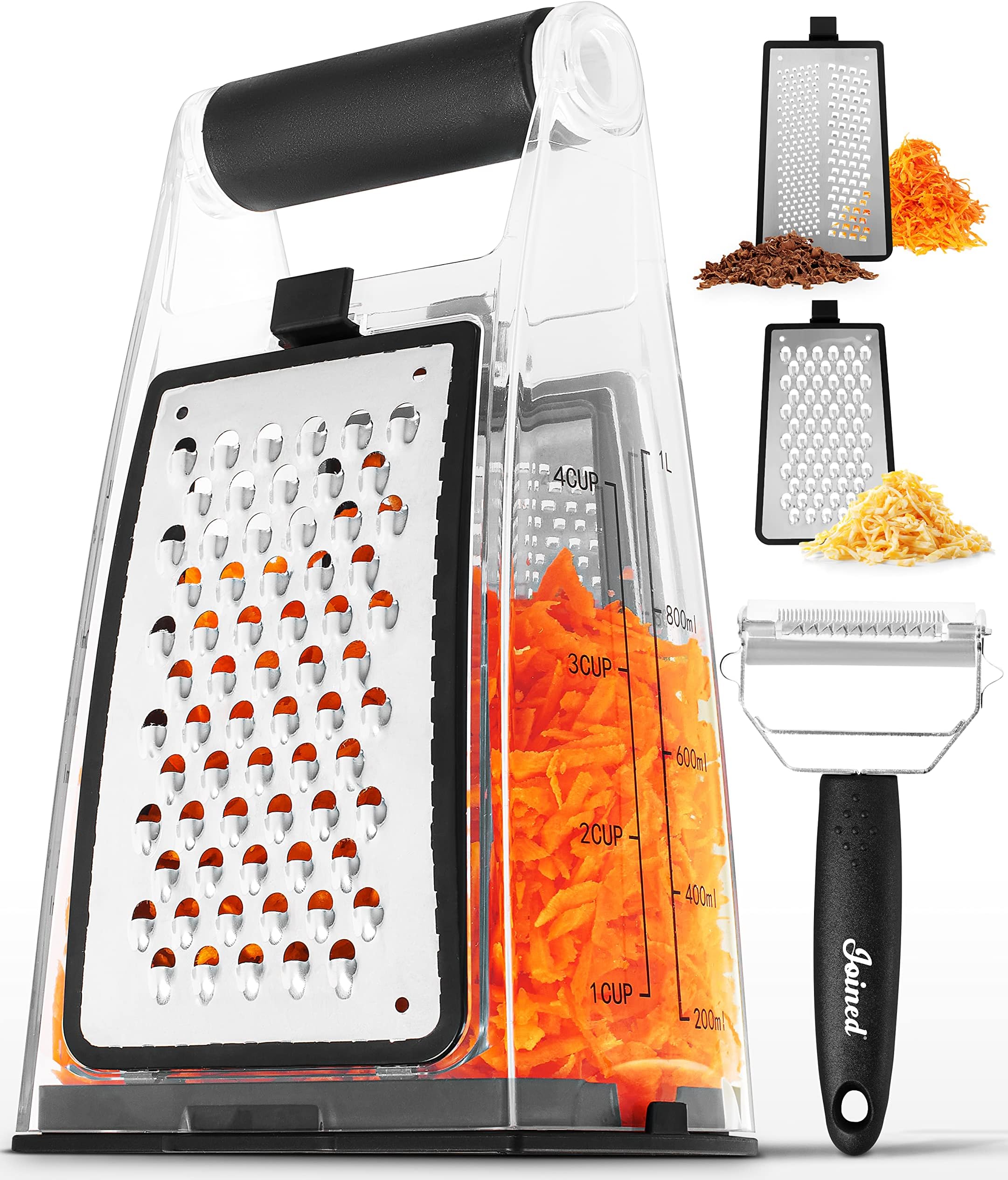 Cheese Grater With Container - Box Grater Shredder Lemon Zester With Handle - Stainless Steel Kitchen Food Grater and Vegetable Peeler