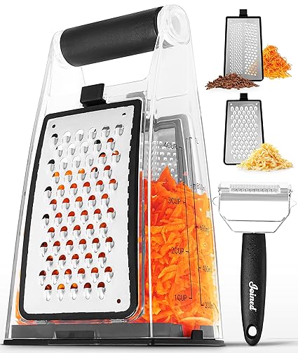 Joined Cheese Grater with Container - Box Grater Cheese Shredder Lemon Zester Grater - Cheese Grater with Handle - Graters for Kitchen Stainless Steel Food Grater - Hand Grater and Vegetable Peeler