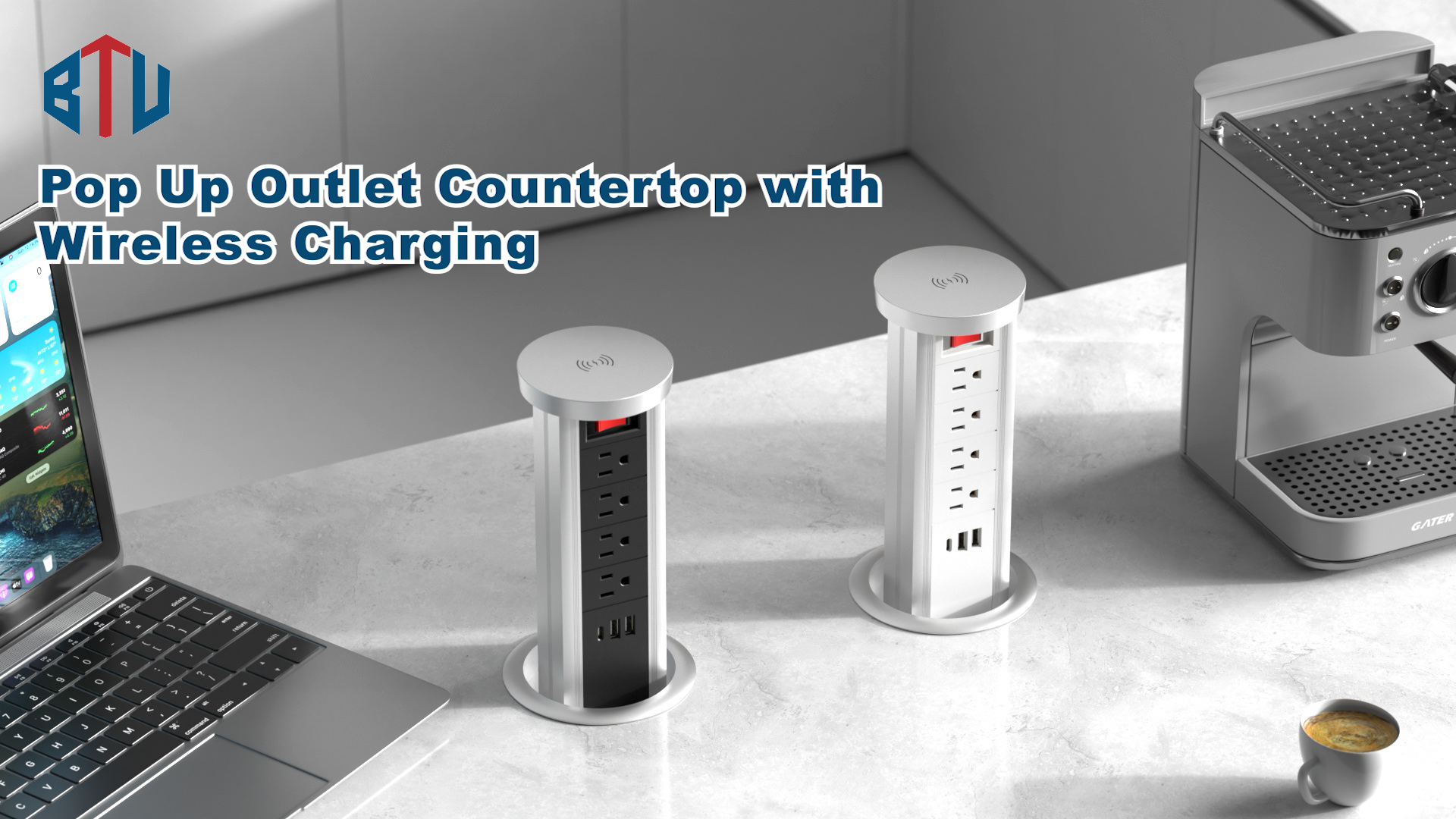 BTU Pop Up Outlet for Countertop, 4 Inch Hole Receptacle Power Strip with USB C & 4 AC Outlet, Pull Popup Outlet Recessed Power Socket with 10W Wireless Charger for Kitchen Conference Office