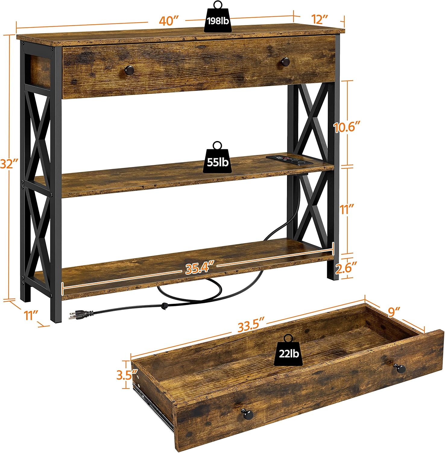 Yaheetech Console Table with 2 Outlets and 2 USB Ports, Industrial Entryway Table with Drawer and Storage Shelves, Narrow Sofa Table with Metal Frame for Living Room, Hallway, Rustic Brown